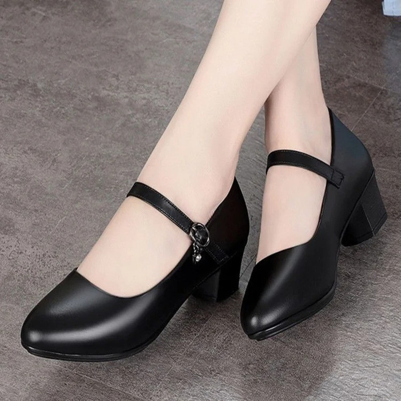 2025 New Women’S Medium Heel Pumps – Soft Leather Non-Slip with Adjustable Buckl