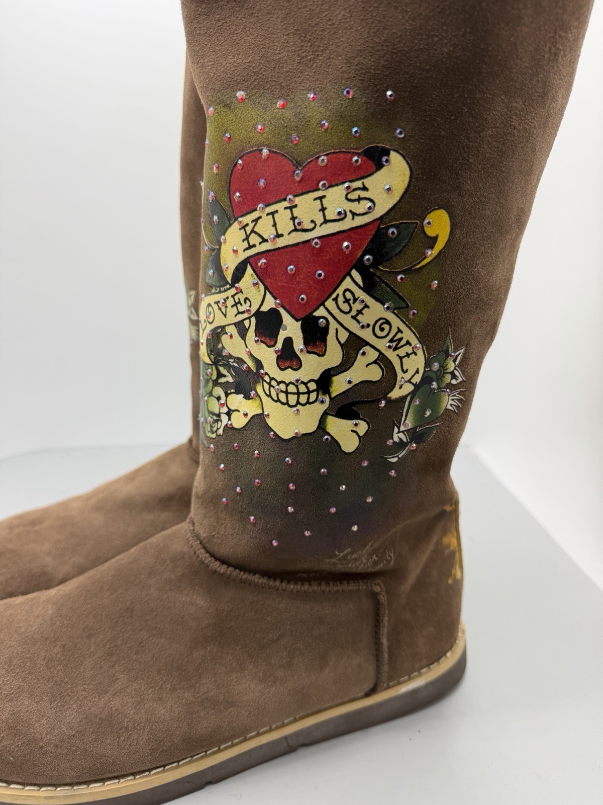Ed Hardy Tattoo Love Kills Slowly Tattoo Single Print Suede Winter Boots Size 10