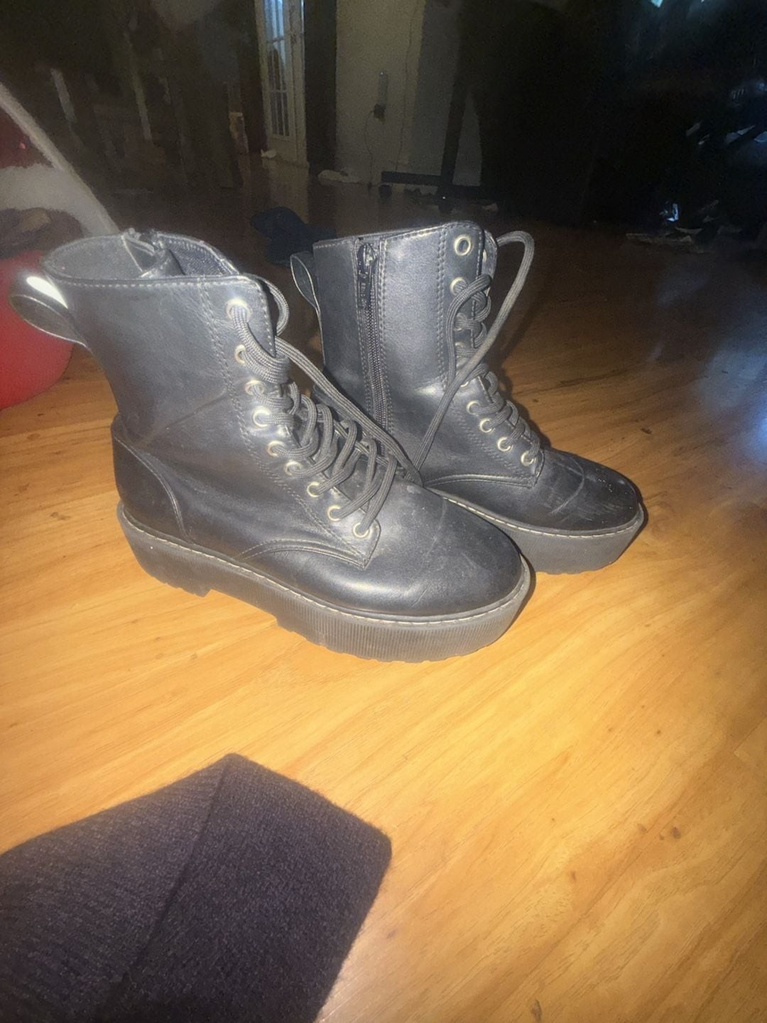 Divided H&M Black Platform Lace-Up Combat Boots with Side Zipper