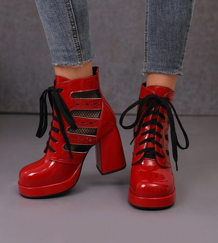 Chic Women’s Faux Leather Mesh Patchwork Sandals Lace Up Dress Party Ankle Boots