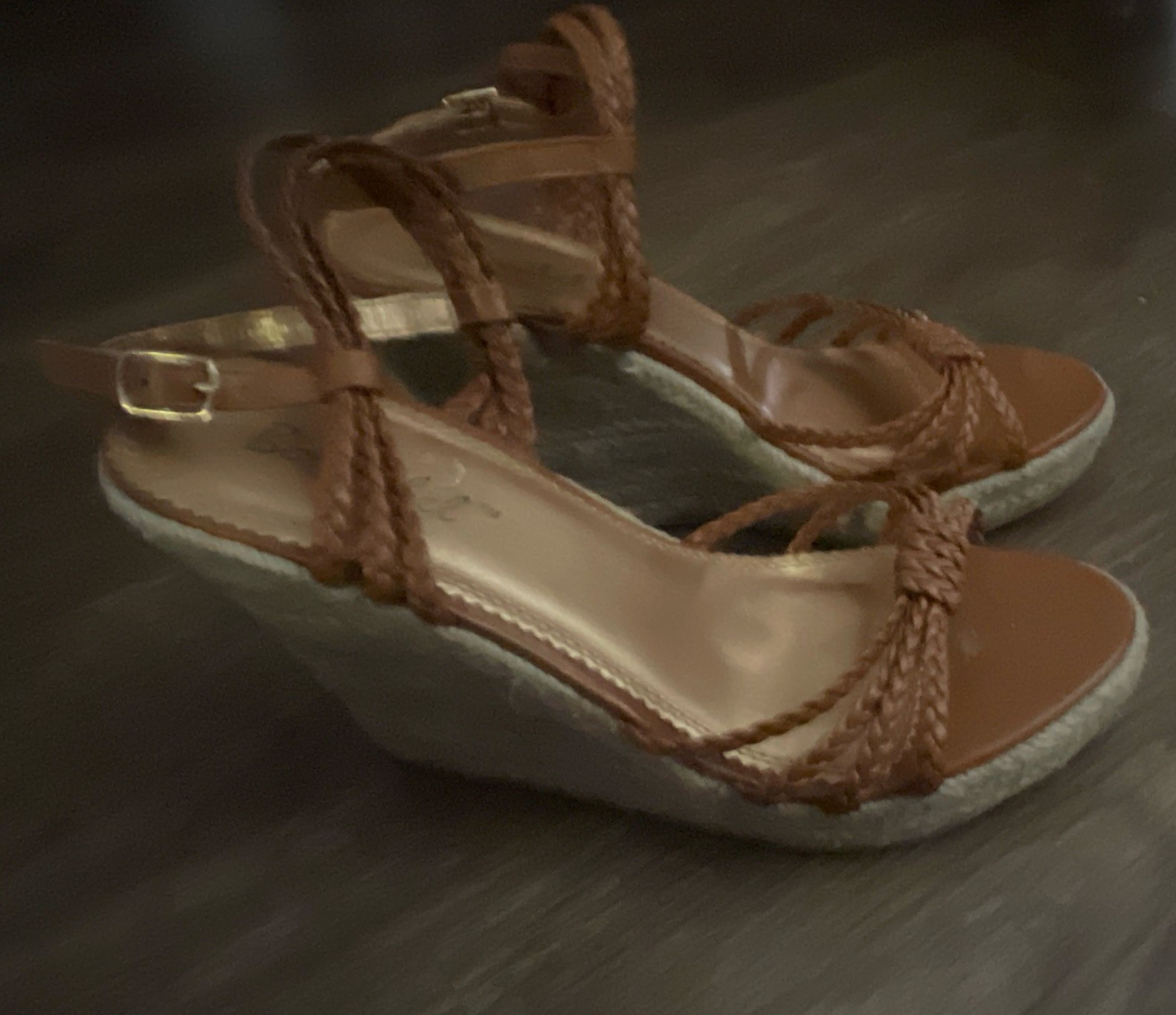 Bonnibel Women’s Brown Braided Strappy Wedge Sandals Ankle Strap Buckle 6.5