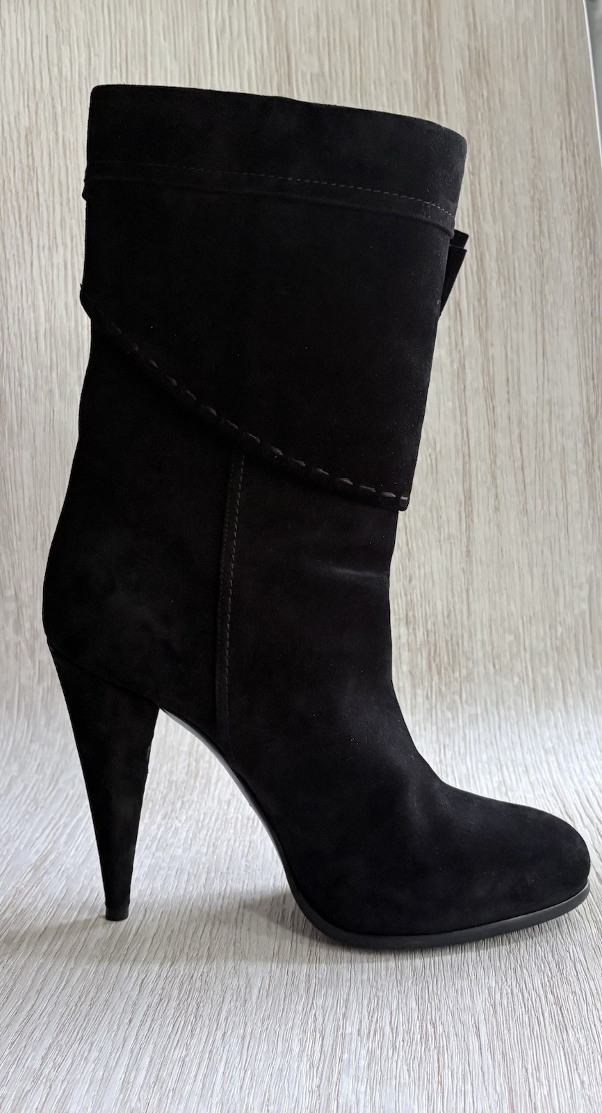 Christian Dior Women’s Black Suede Slouch Boots 38.5 Cuffed Cone Heel Mid-Calf