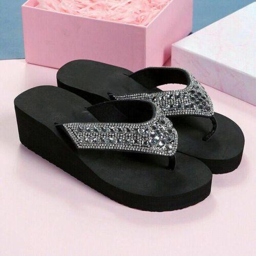 Women’s Summer Rhinestone Wedge Heel Thong Casual Beach Slippers Flip Flop Hot