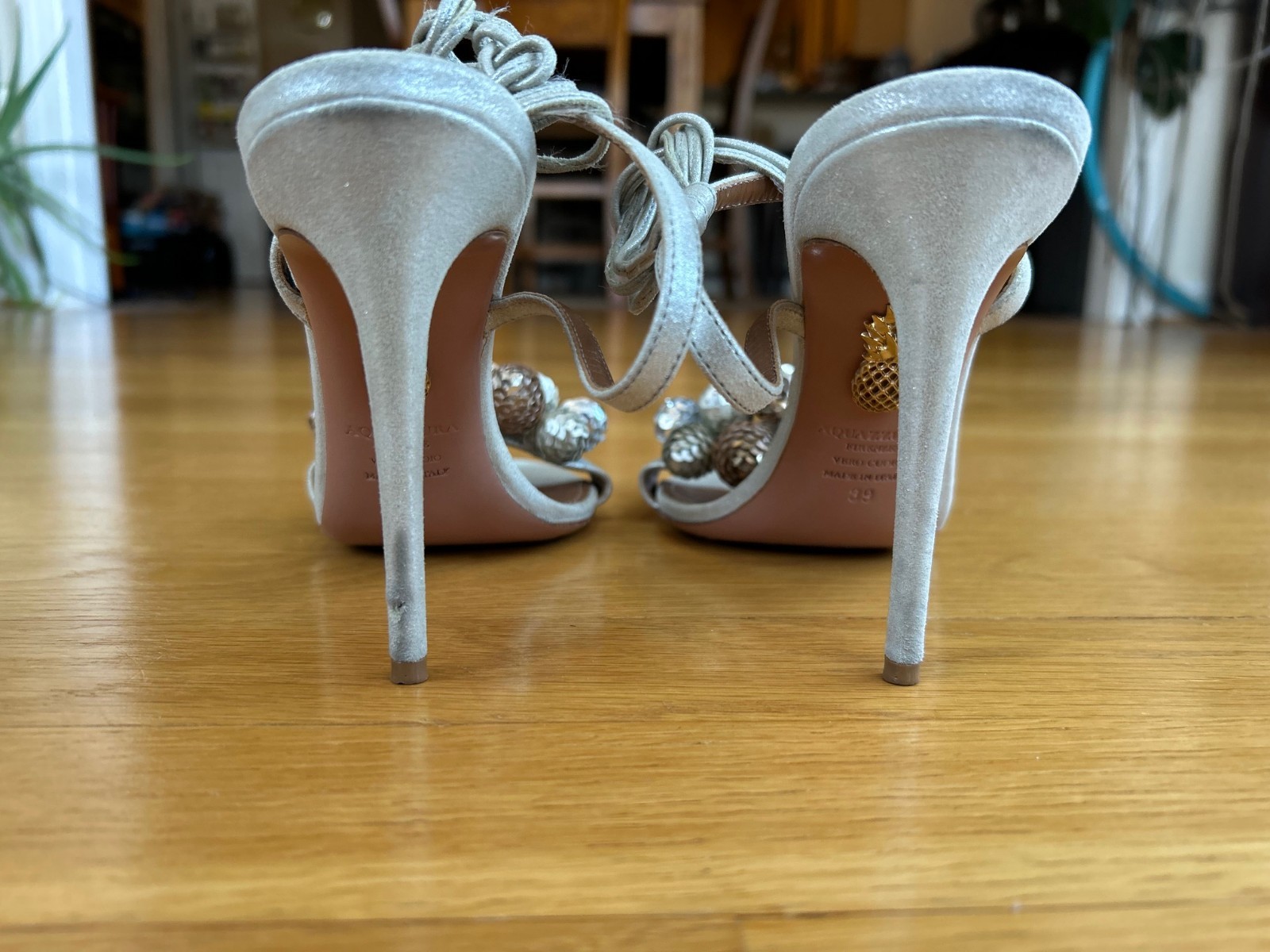 AQUAZZURA Metallic & Nude Disco Thing Suede Sequined Pom-Pom Sandals IT 39 Good