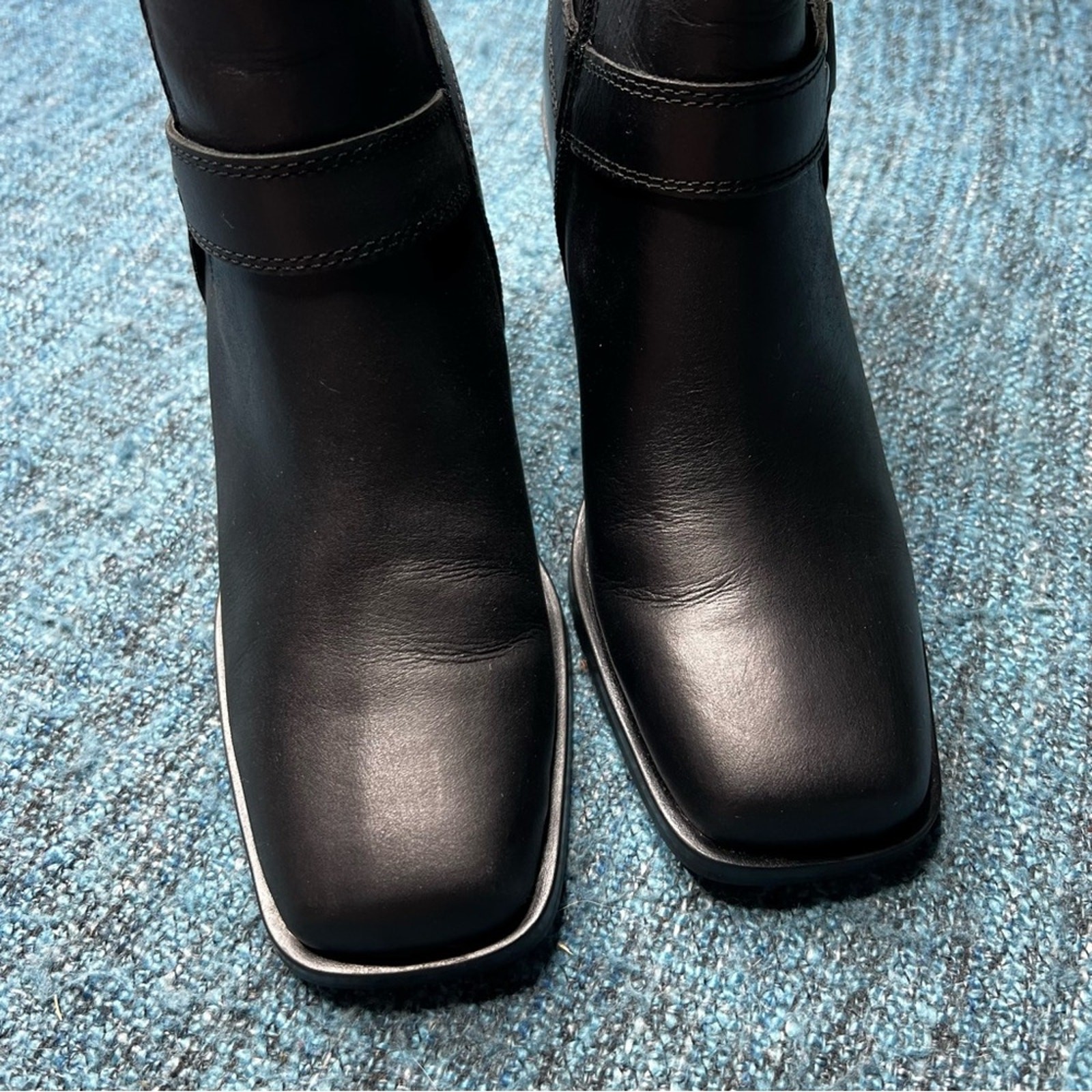 Steve Madden Wells Black Leather Harness Boots Square Toe with Heel Women’s 8