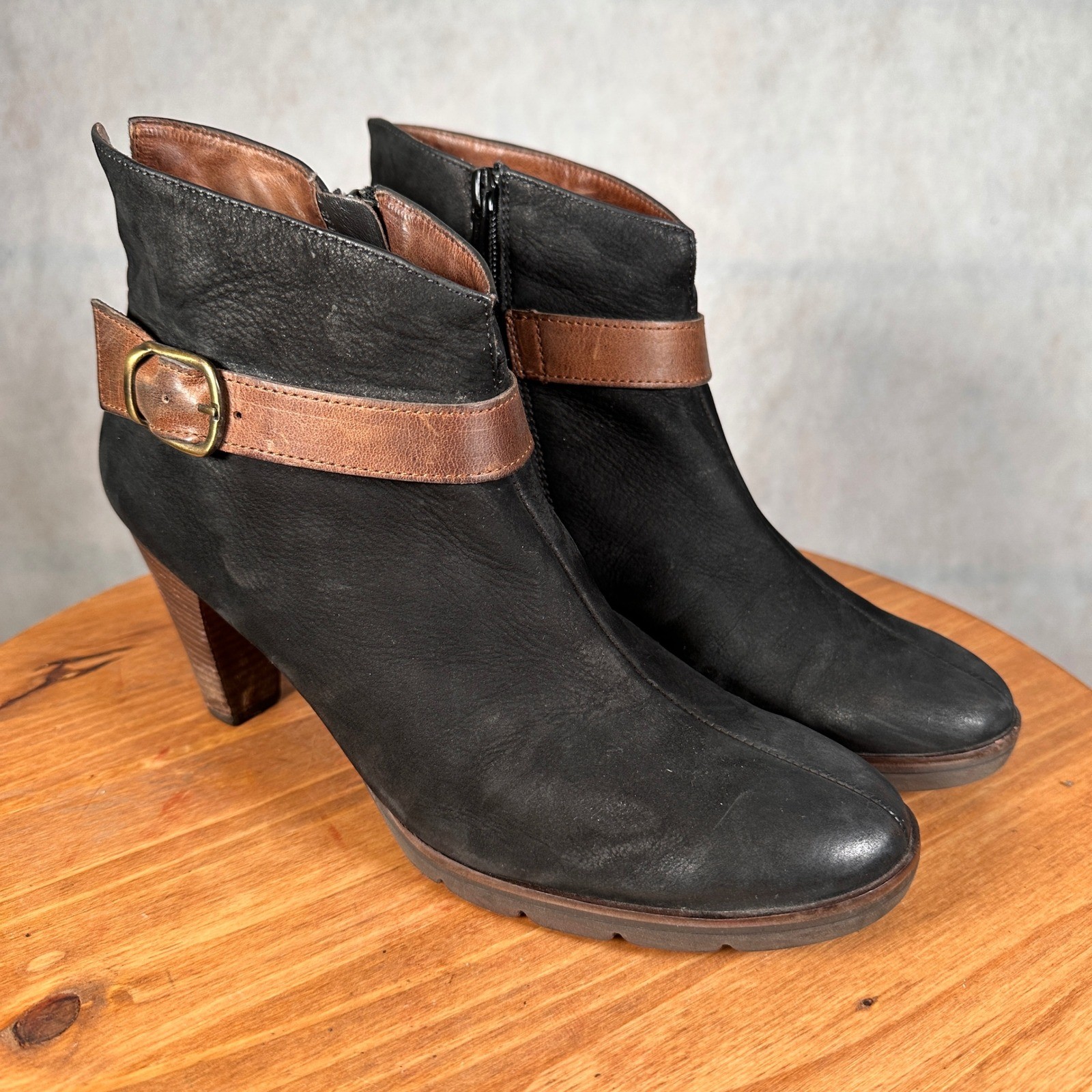 Paul Green Leather Ankle Boots Women 7 Black Brown Good Buckle Side Zip