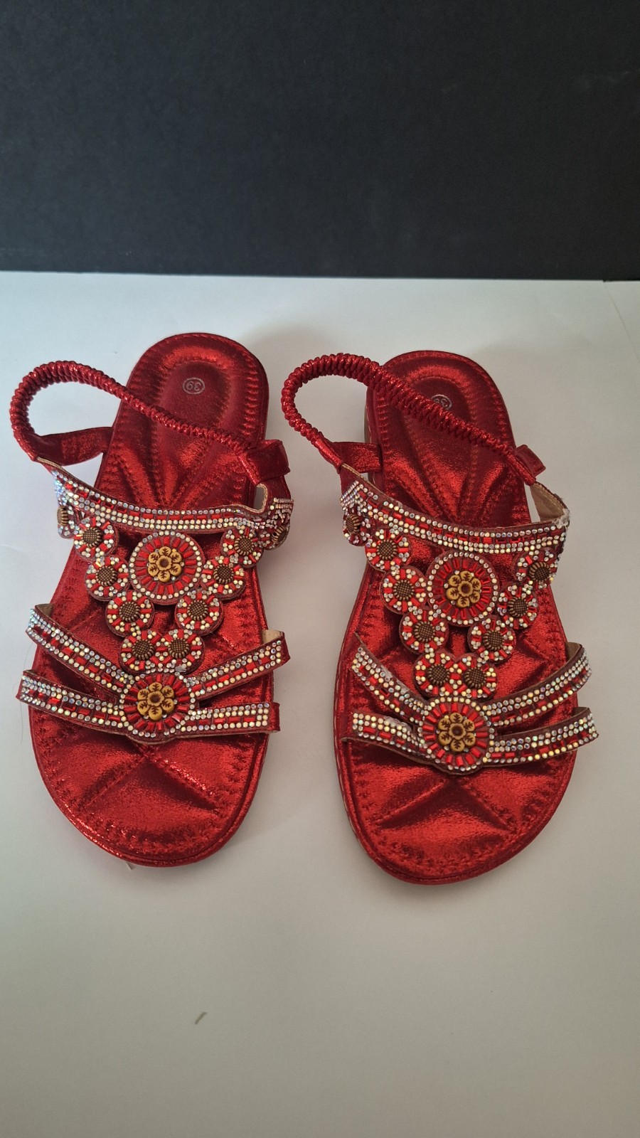 Bright Red Bohemian Styled Beaded Rhinestone Elastic Strap Flat Sandal Size 39