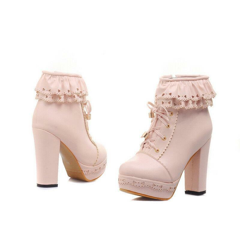 Womens Party Shoes Synthetic Leather High Heels Zip Lace Up Sweet Ankle Boots Sz