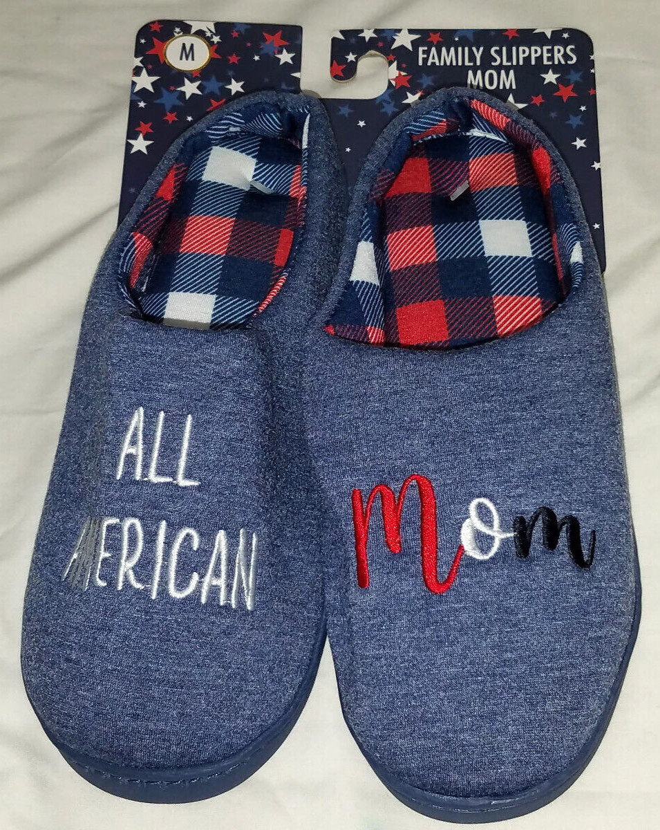 ALL AMERICAN MOM Blue Slippers Family Slides Shoes Size Medium NEW