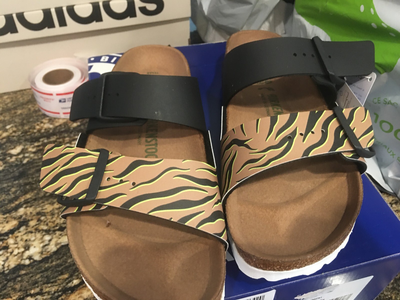 New Womens Birkenstock Arizona Split Zebra Cork Sandals, size 9 Narrow