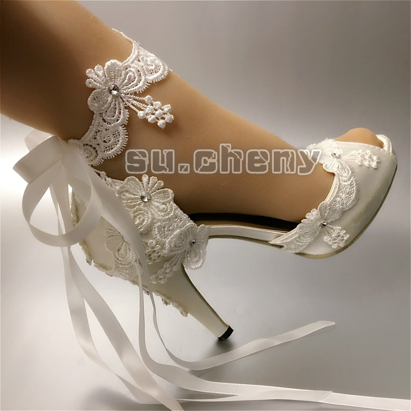 su.cheny Ribbon anklet white ivory satin open toe heel Wedding Bridal shoes size