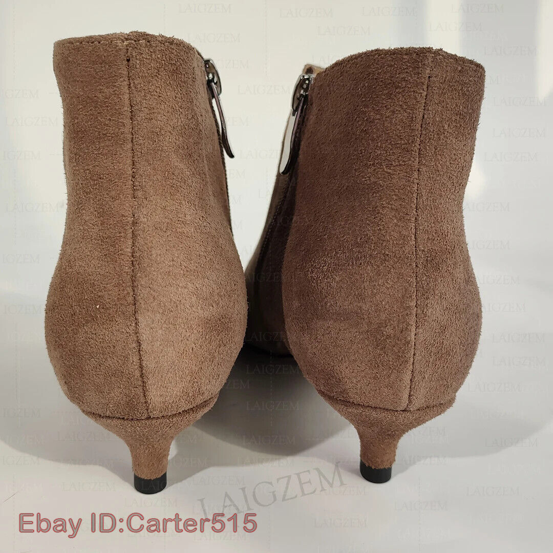 Women Ankle Boots Suede Pointed Toe Side Zip 3.5CM Kitten Heels Short Booties Ha
