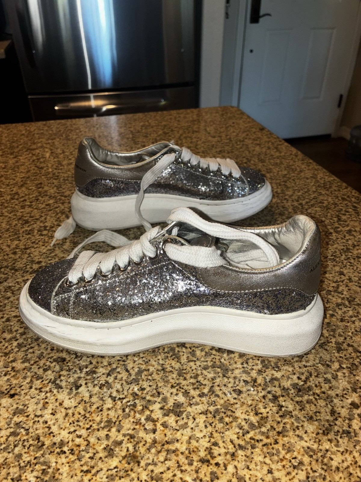 Alexander McQueen Metallic Silver Glitter Oversized Sneakers Size UK 35/US 5