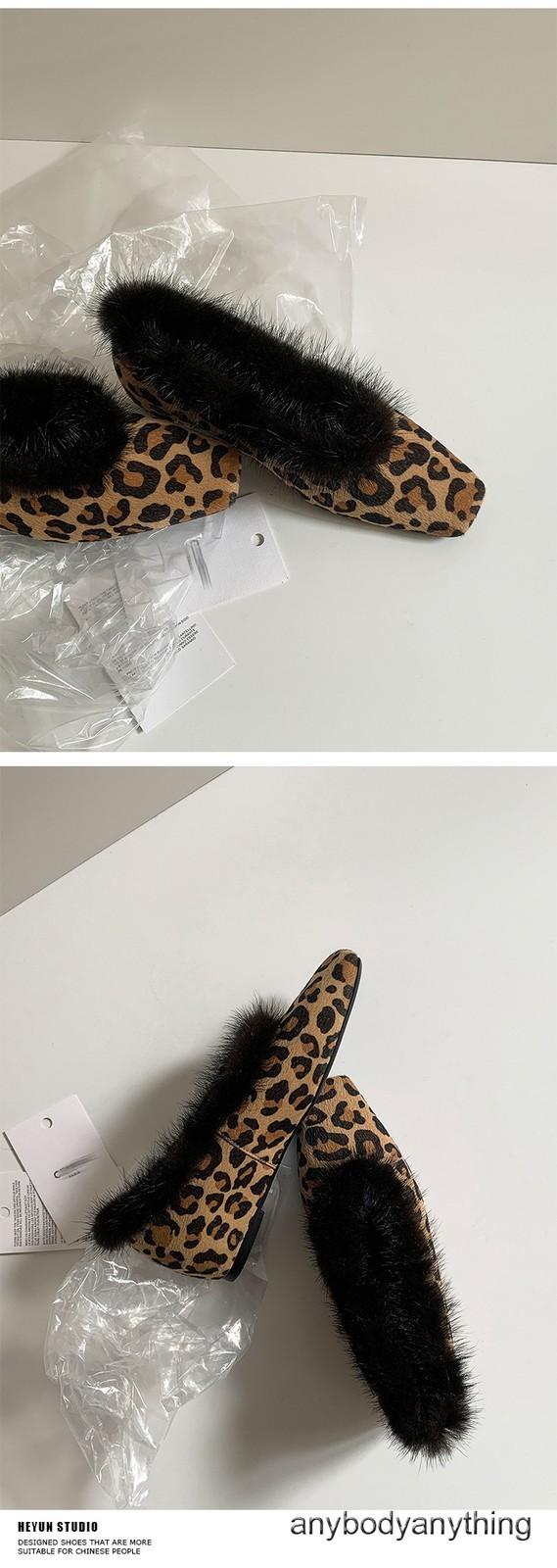 Women Square Toe Real Leather Leopard Print Mink Fur 3.5cm Low Hidden Heel Shoes