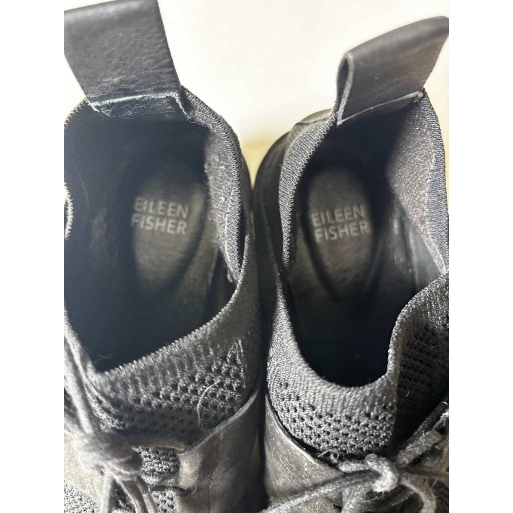 Eileen Fisher Size 7 Black Knit Leather Platform Wedge Shoes Sneakers Lug Sole