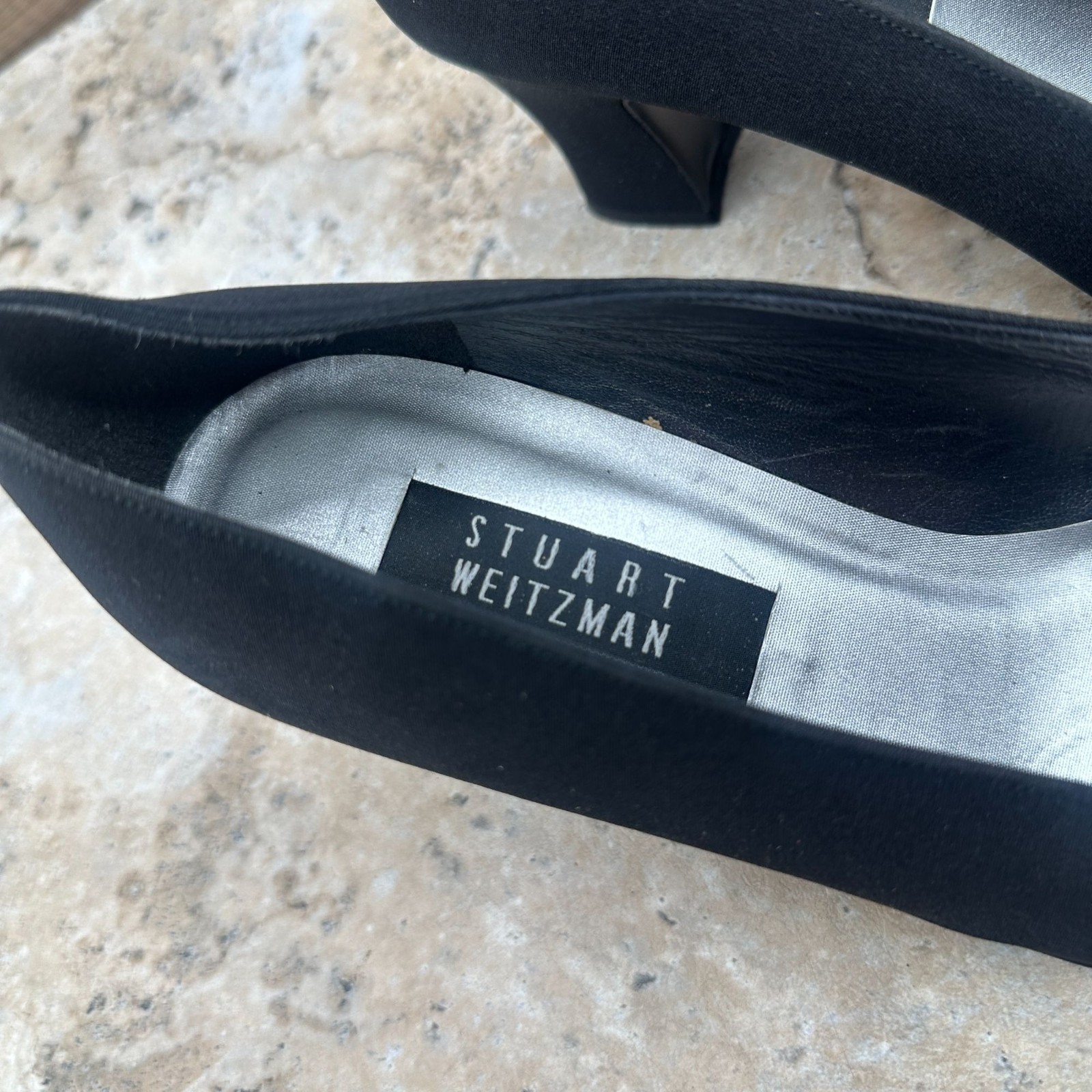 Stuart Weitzman Pumps Womens 9.5B Black Square Toe Heels Textile/Leather