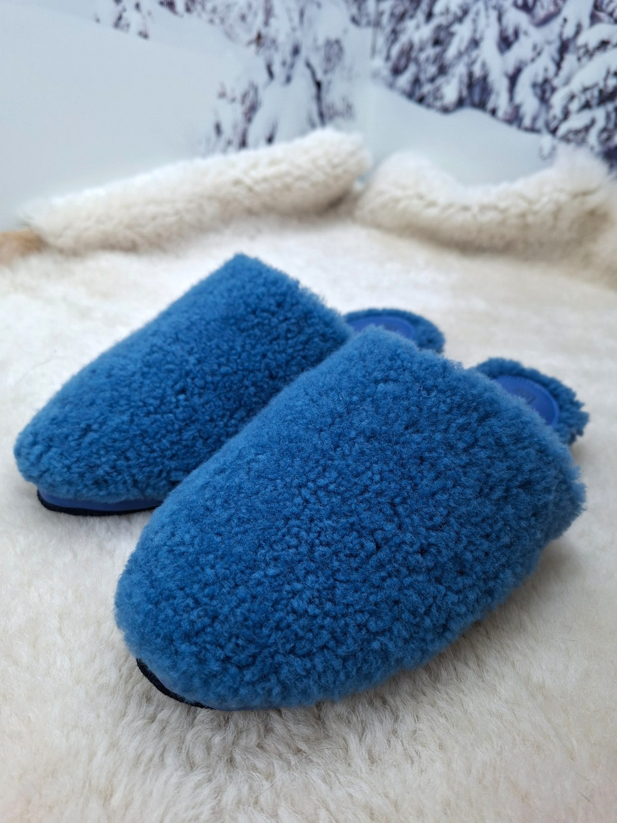 Blue Sheepskin Fur Slippers for Women, Genuine Fur Home Shoes, Gift for women