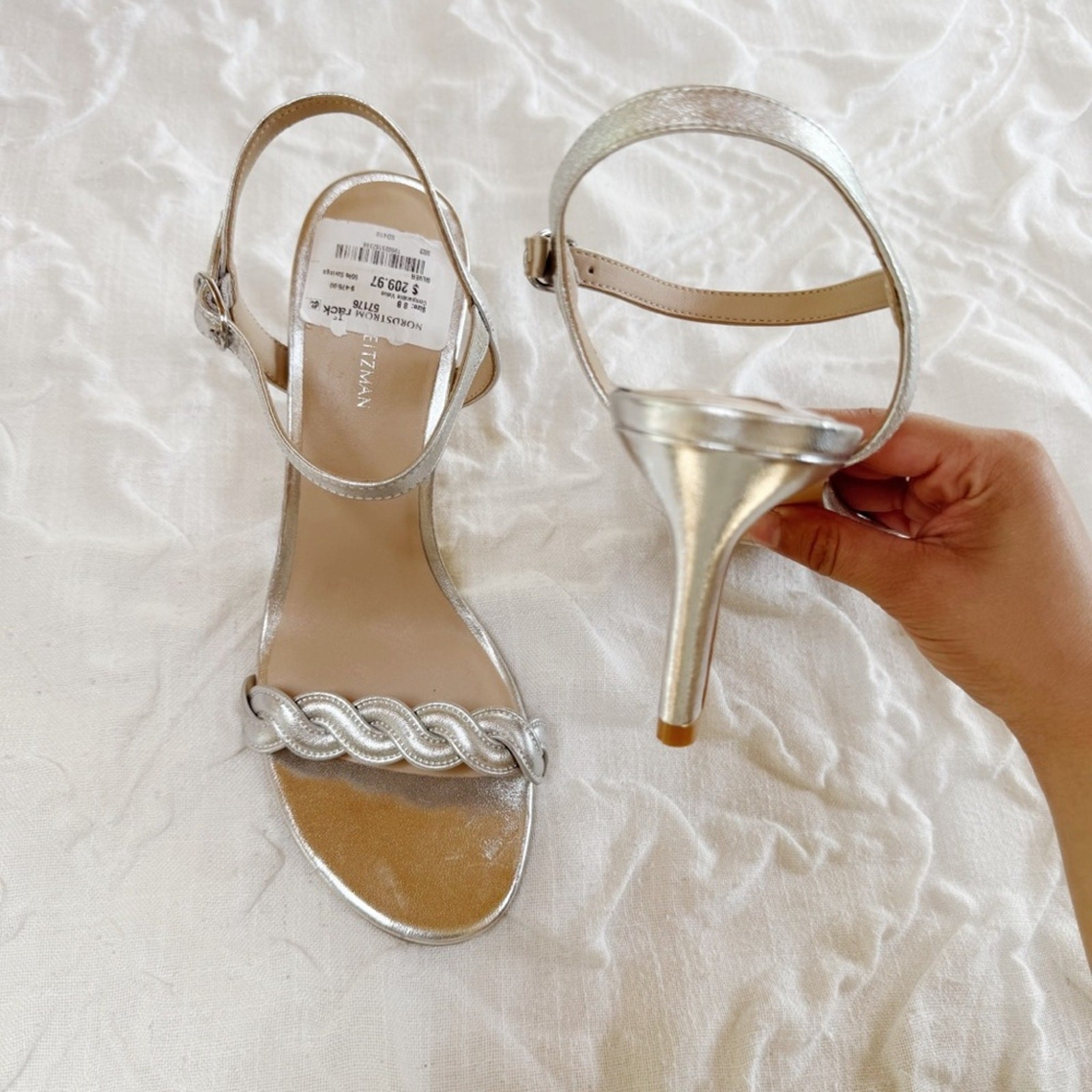 Stuart Weitzman Dancer Twistie 100 Leather Sandal In Silver
