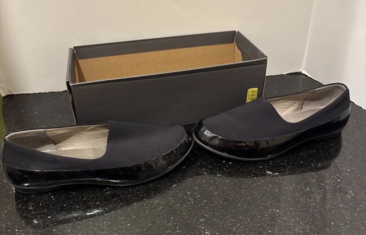 ECCO Touch Ballerina BLACK PATENT LEATHER STRETCHY FABRIC FLATS Slip Ons 7-7.5