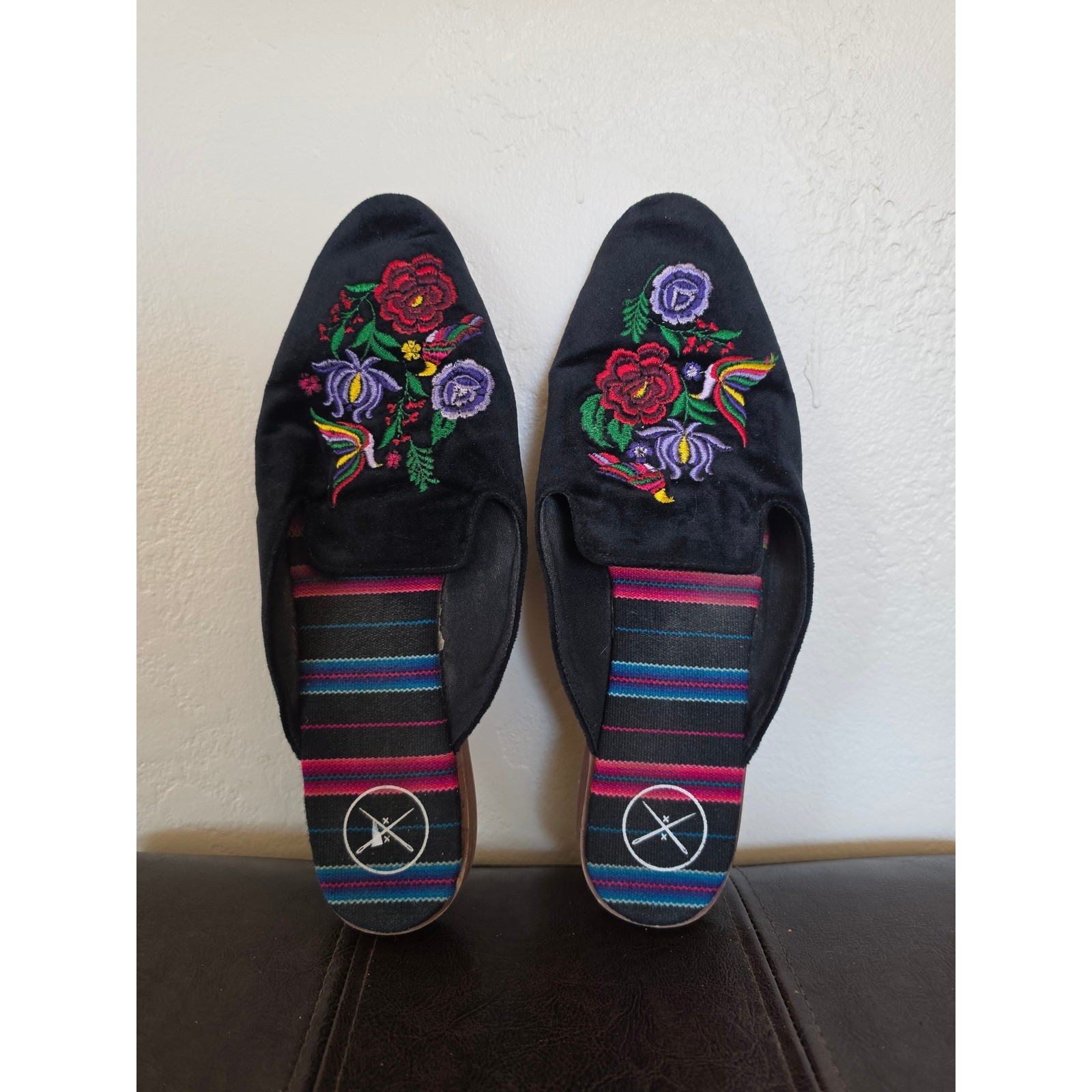 Inkkas Frida Floral Embroidered Boho Cottage Extra Velour Slip on Mules sz 9