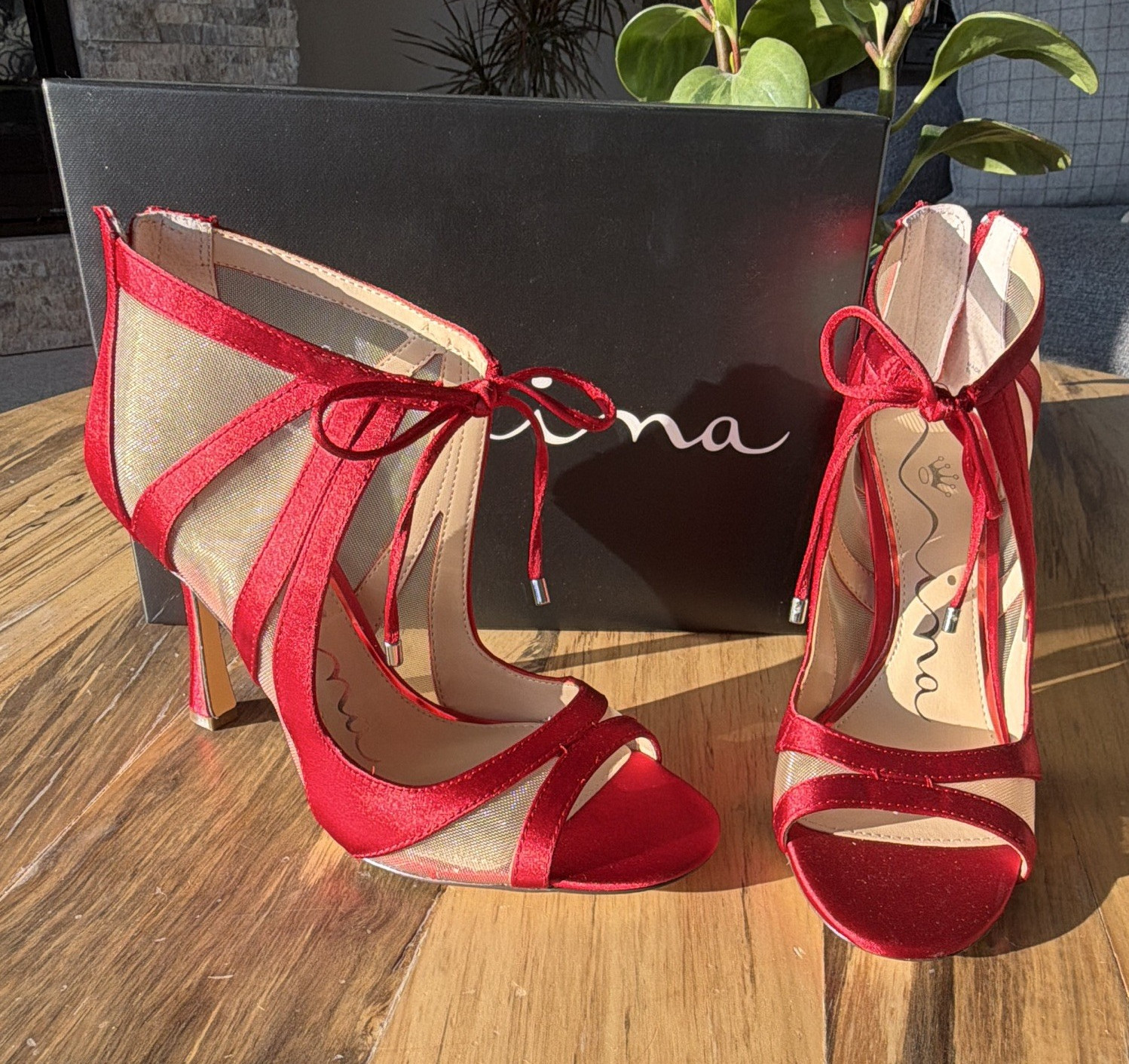 Nina Women’s Red Strappy Open Toe Ankle Strap Stiletto Heels 7.5 M