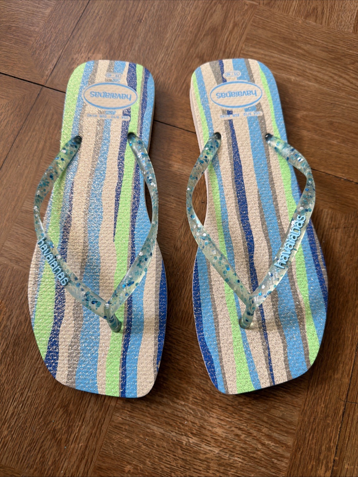 Havaianas Slim Square Folia Flip Flop Blue Stripped Glittery Women’s USA 9/10