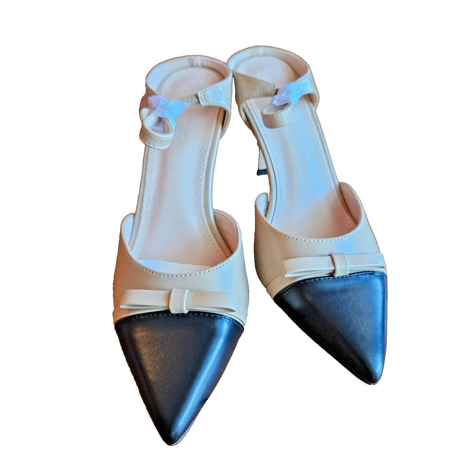 Black and Cream Coutgo Pu Point Toe Bow Detail High Stiletto Court Heels 9
