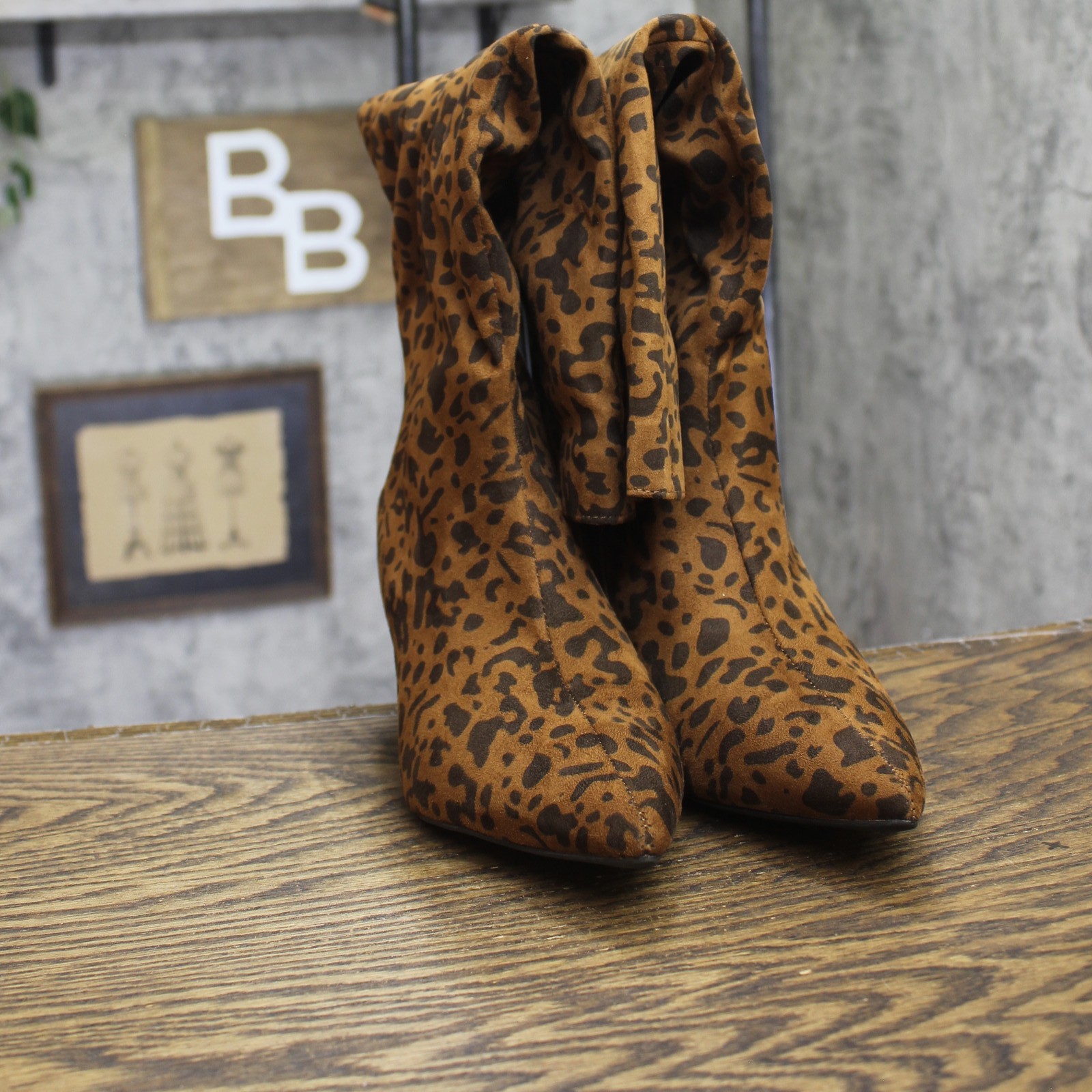 A New Day Toe Mid-Calf Cone Heel Boots Animal Print Leopard Brown Multi 8.5M