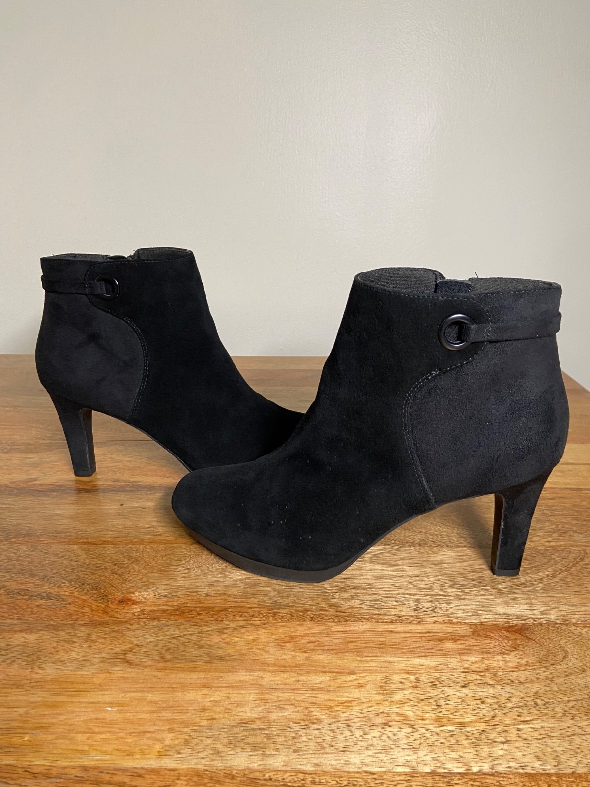 Black Suede Ankle Boots for Women. Clarks. US Size 9.5. 3 1/4 Inch Heel.