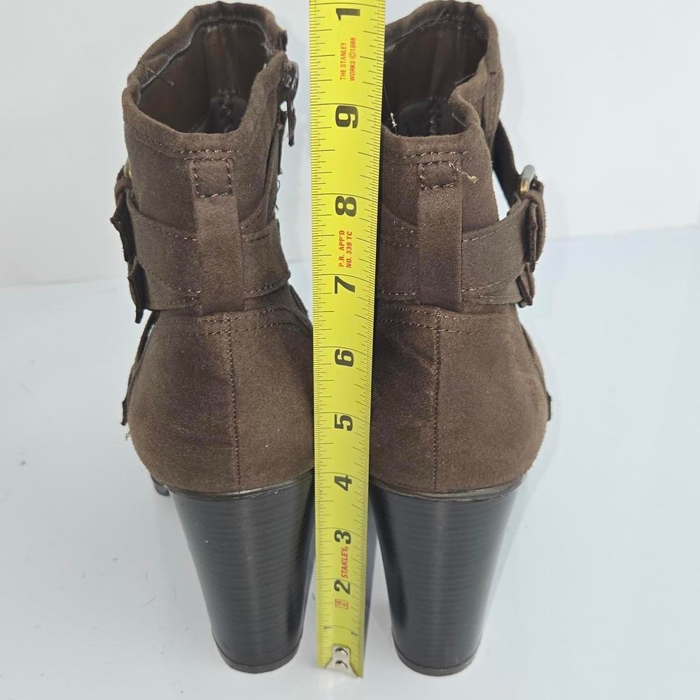 PRICE DROP JustFab Binnae High Heeled Bootie Brown Suede Multi-Straps Sz 10
