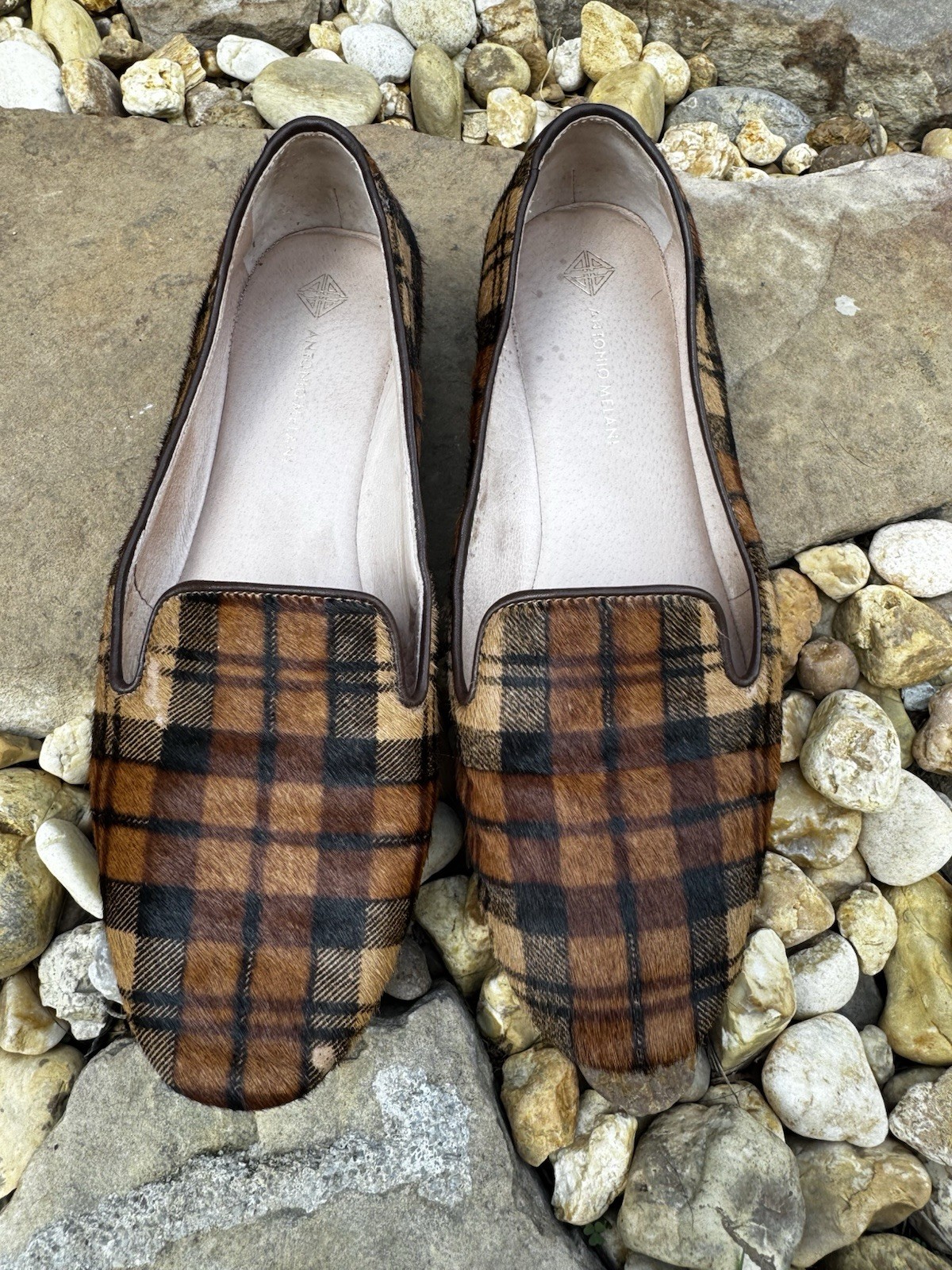 Antonio Melani Leather Loafers Slip On Flats Genuine Calf Hair Plaid Women 8.5