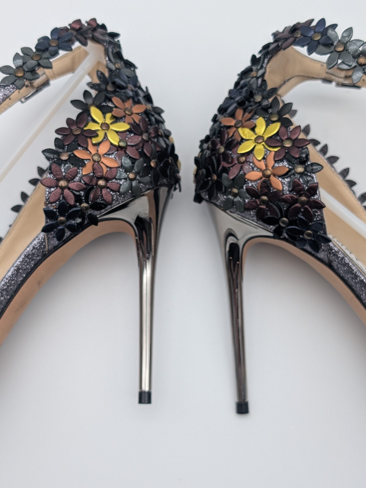 Wms Jimmy Choo Lorelai 100 FGW 155 Fine Glitter Leather Heels US 7.5 / EU 37.5