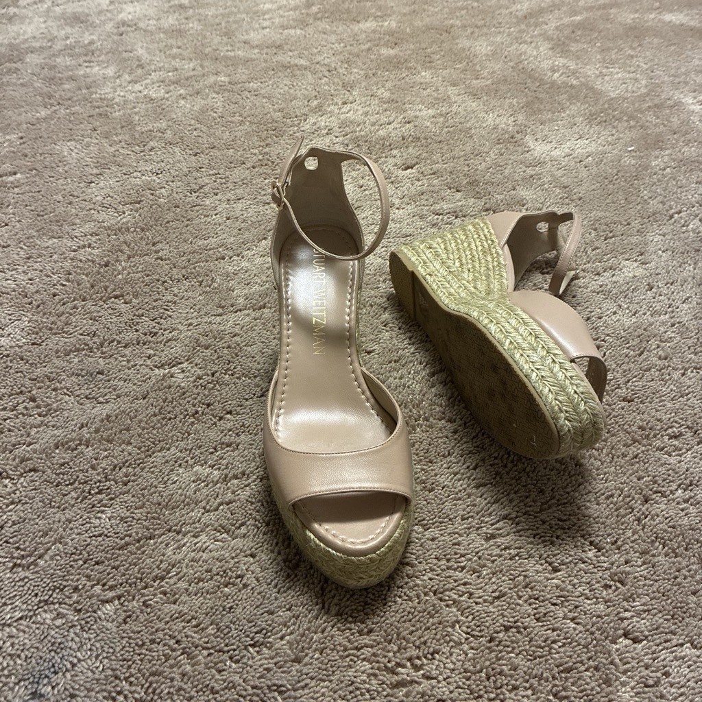Stuart Weitzman Women’s Beige Leather Wedge Espadrille Sandals US 12