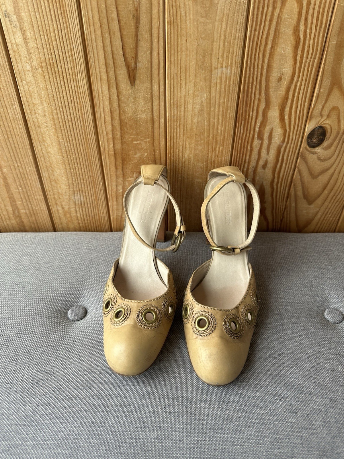 Jil Sander Vintage Beige Leather Pumps Block Heel Eyelet Y2K 90’s EU37.5 US7.5