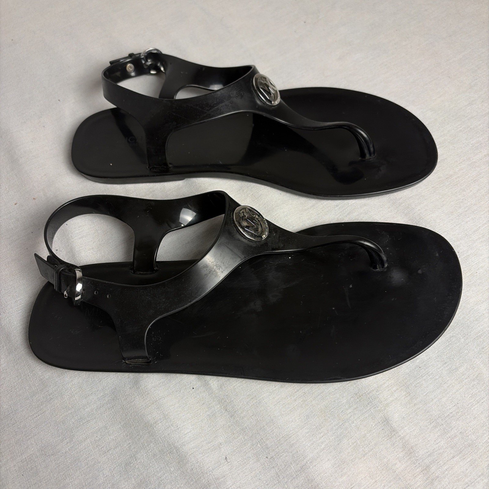 Michael Kors MK Plate Jelly Sandals Black PVC Thong Slingback Women’s Size 8