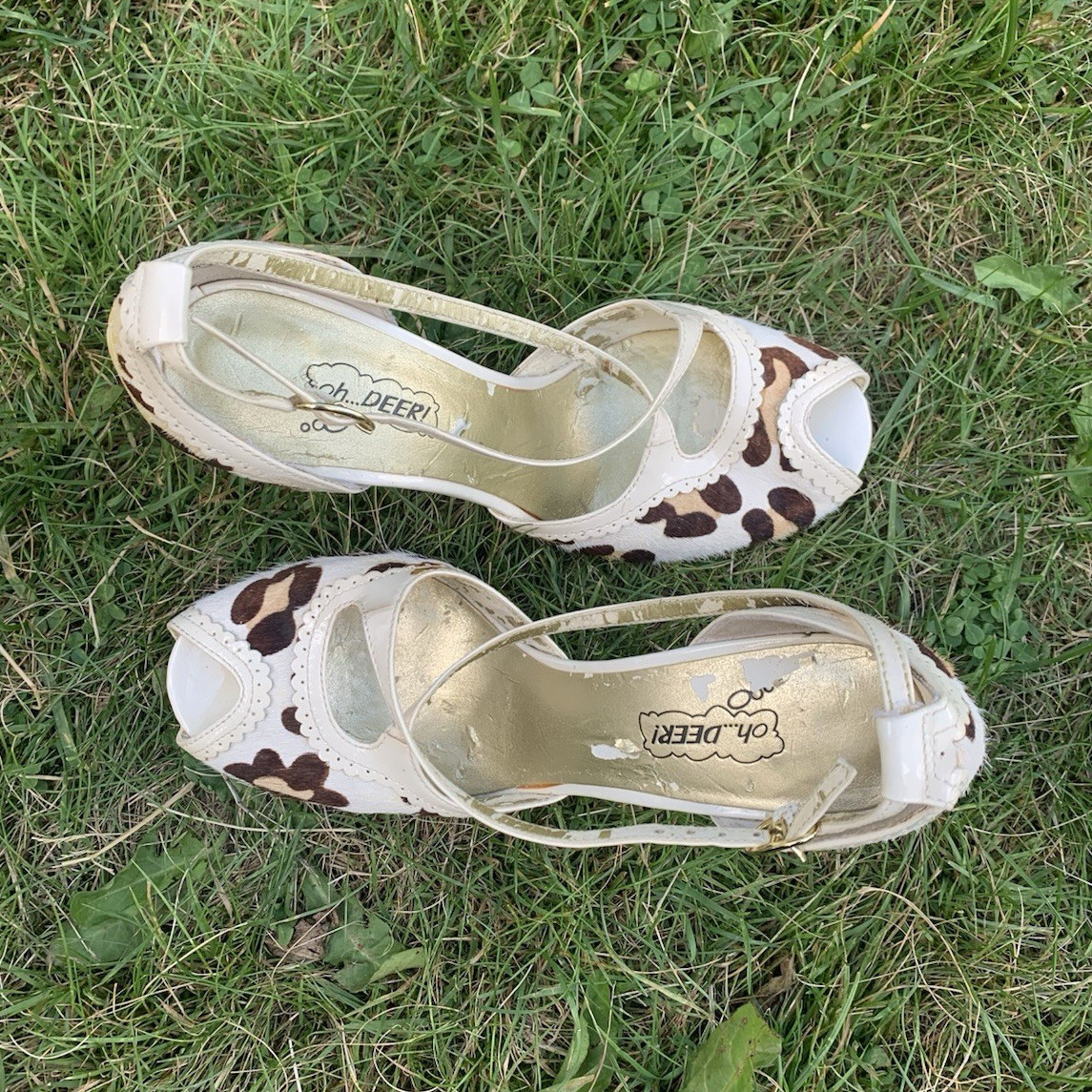 Oh…Deer! Women’s Ivory Brown Leather Animal Print Peep Toe Pumps 6