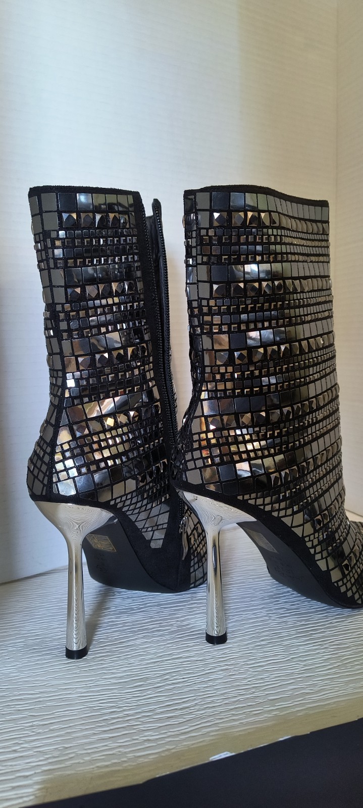 London Rag LUXE Extravagance Black Sequin Metallic Stiletto Bootie Zip 10US