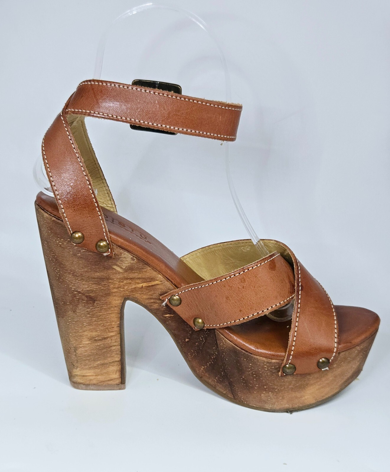 BED|STU Madeline Leather Wooden Platform Sandal – Cognac – Size 6.5 (RARE/EUC)