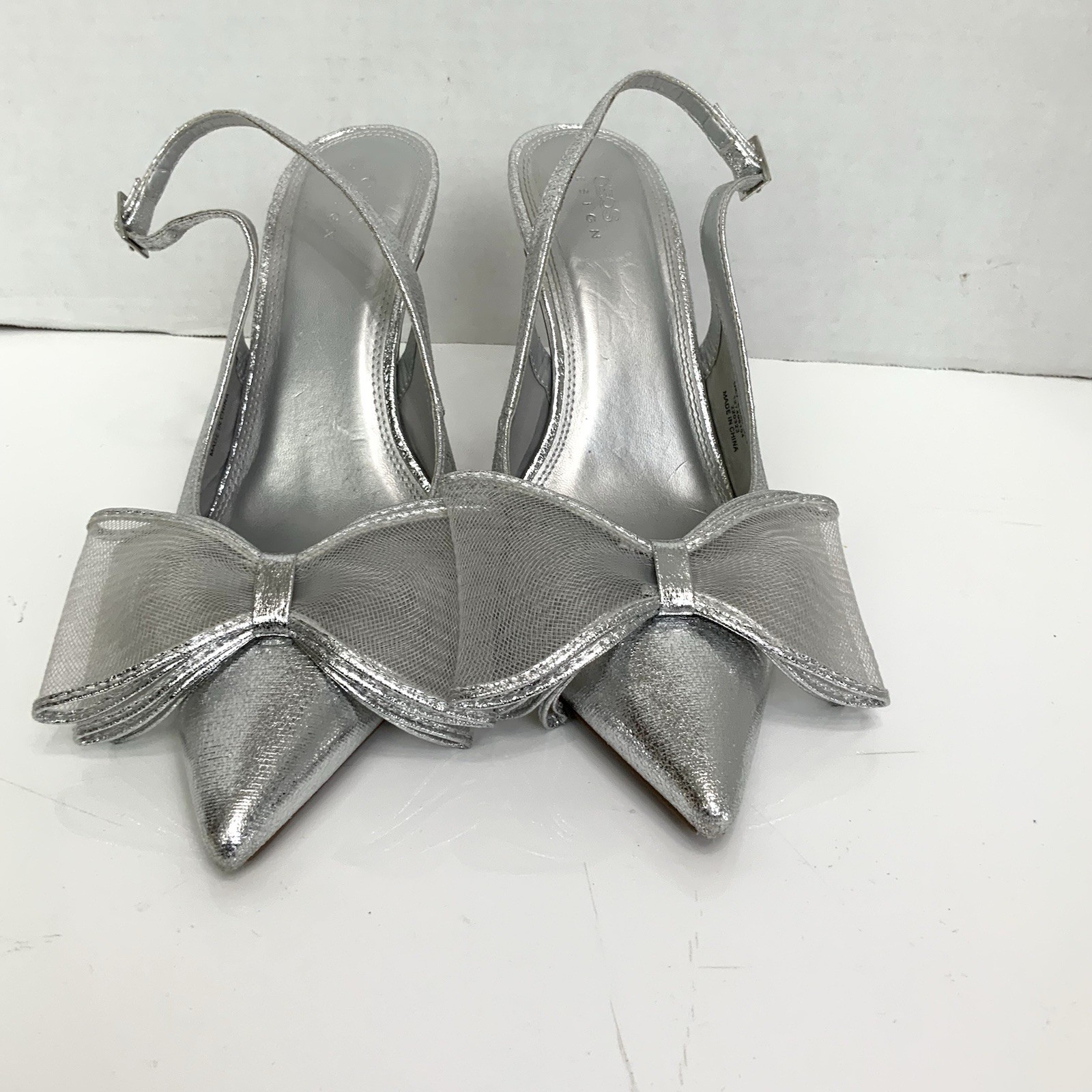 ASOS DESIGN Sz 9 Metallic Silver Princess Bow Slingback Heels Shoes Wedding