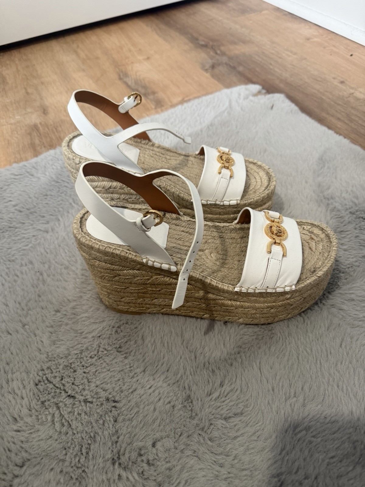 Versace White Leather Espadrille Wedge Sandals Gold Logo Adjustable Strap 39