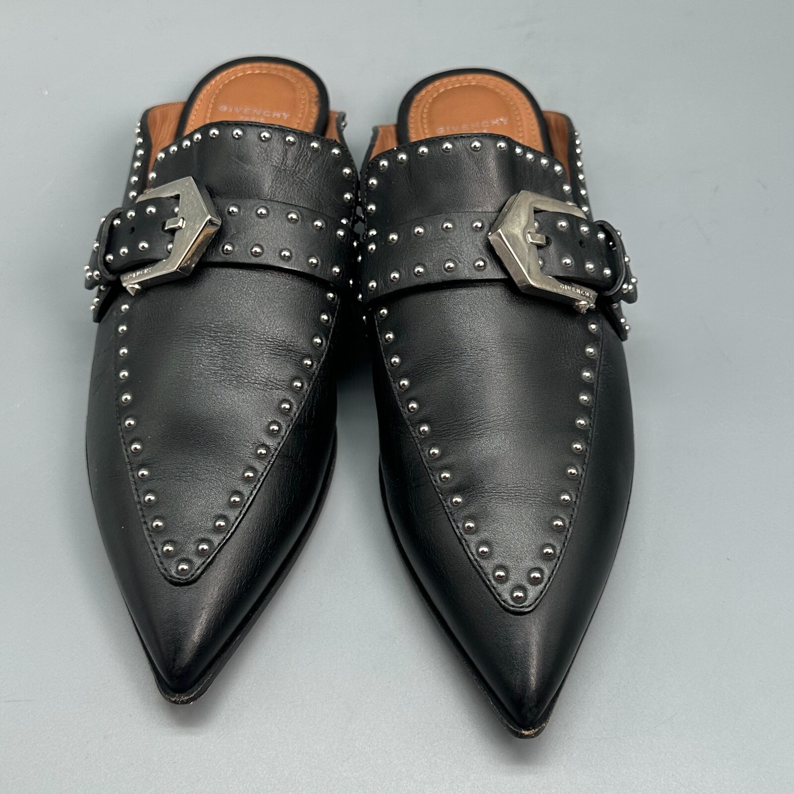 Givenchy Elegant Women US 6 EUR 36.5 Black Leather Slip-On Pointed Studded Mules