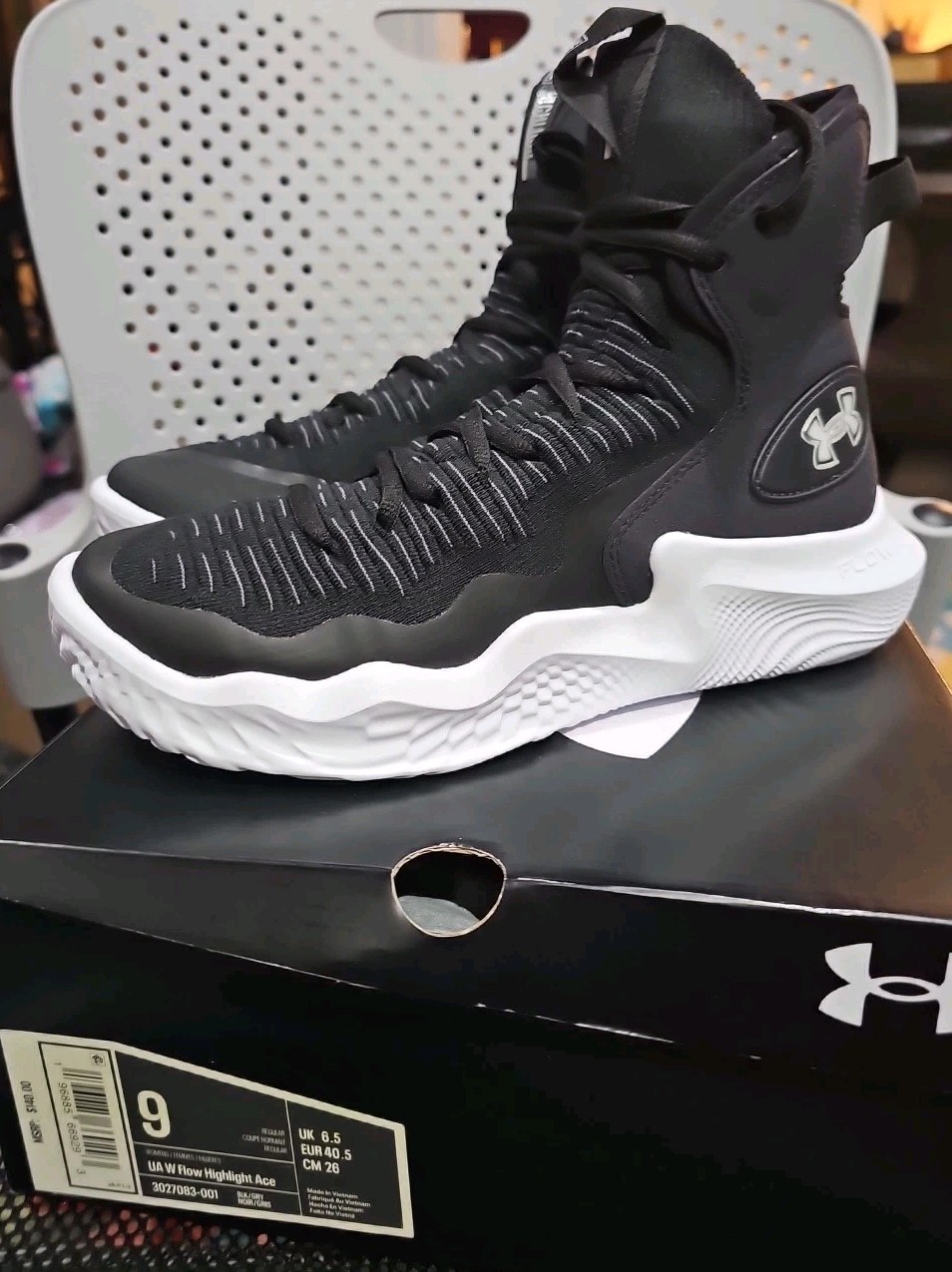 Size 9W- Under Armour Flow Ace Highlight Black White W Volleyball Hightop Shoes