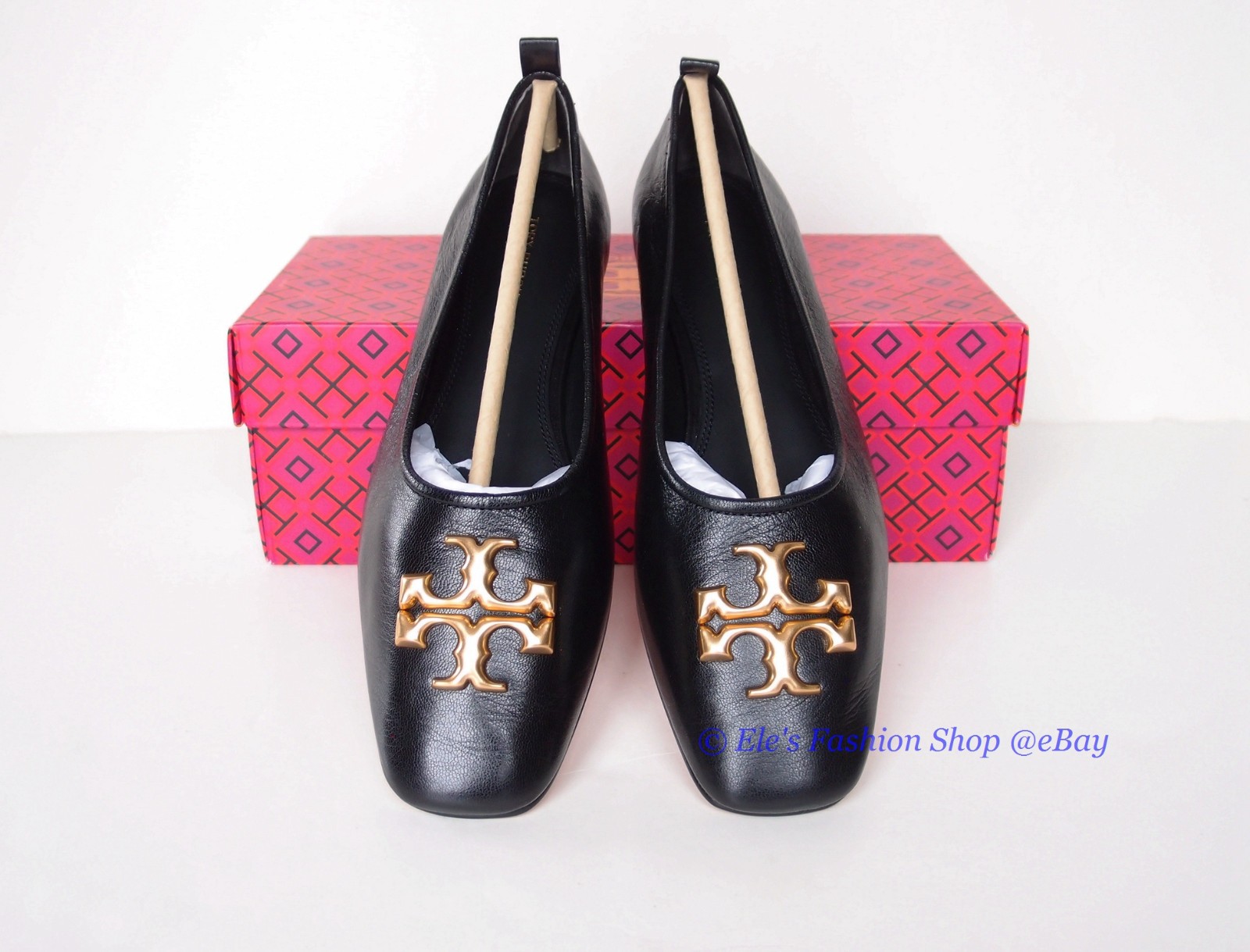 NIB Tory Burch Eleanor Ballet Leather Flat BLACK Gold US 8 8.5 9 AUTHENTIC