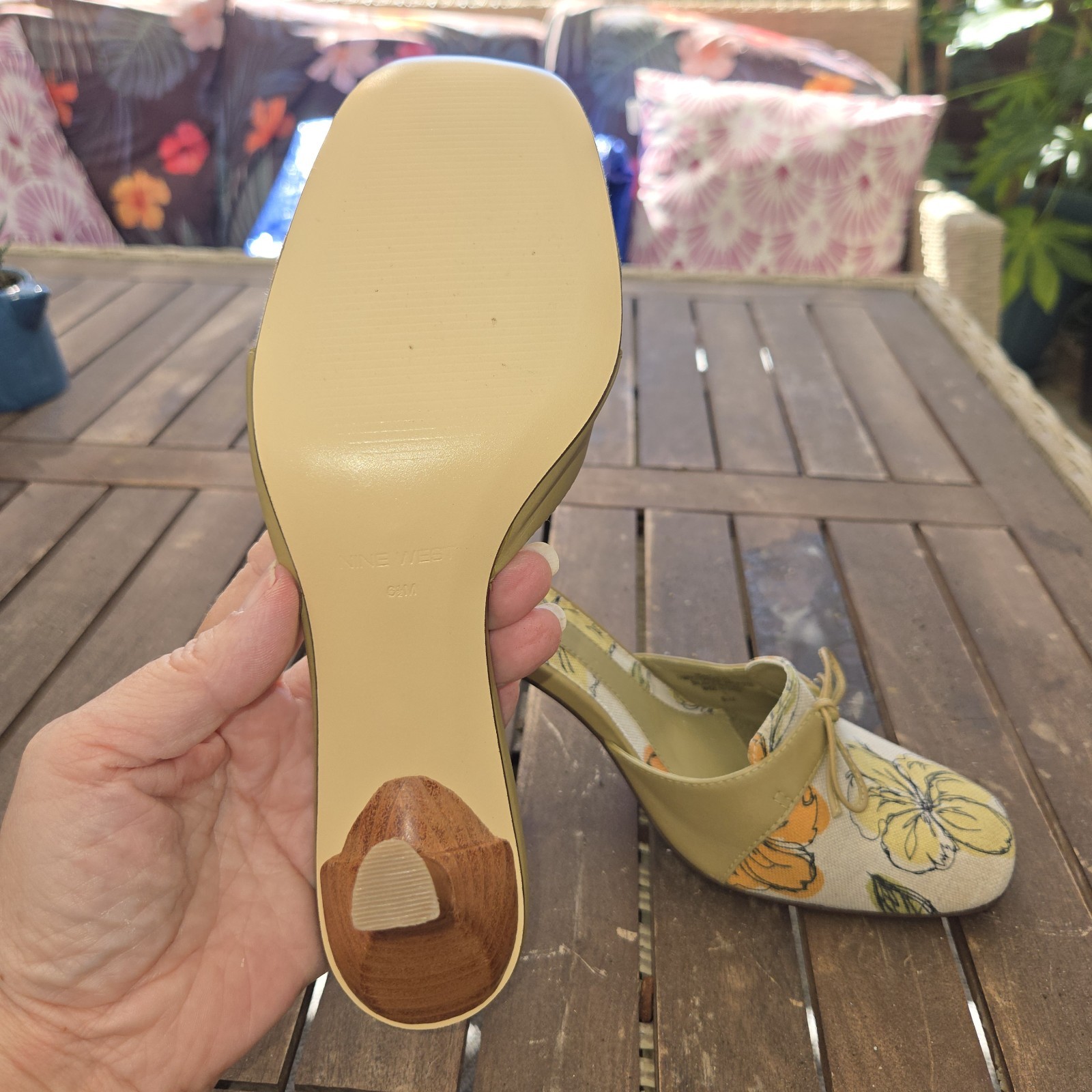 Nine West Tan Yellow Orange Mules Slip On 3″ Heel Size 6.5 Shoe Spring Fall