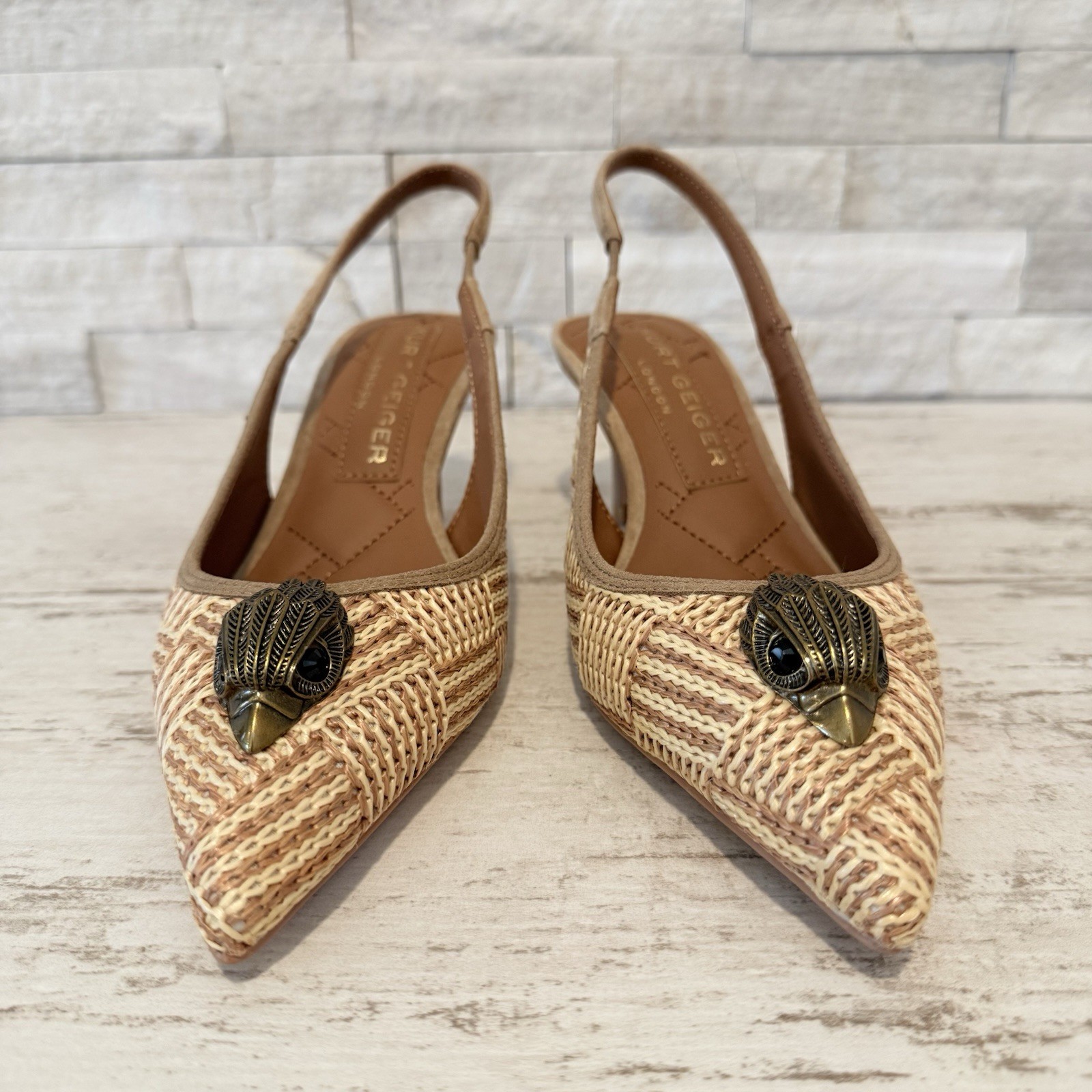 Kurt Geiger London Belgravia Slingback Raffia Woven Heels Beige Combo Size 36 EU