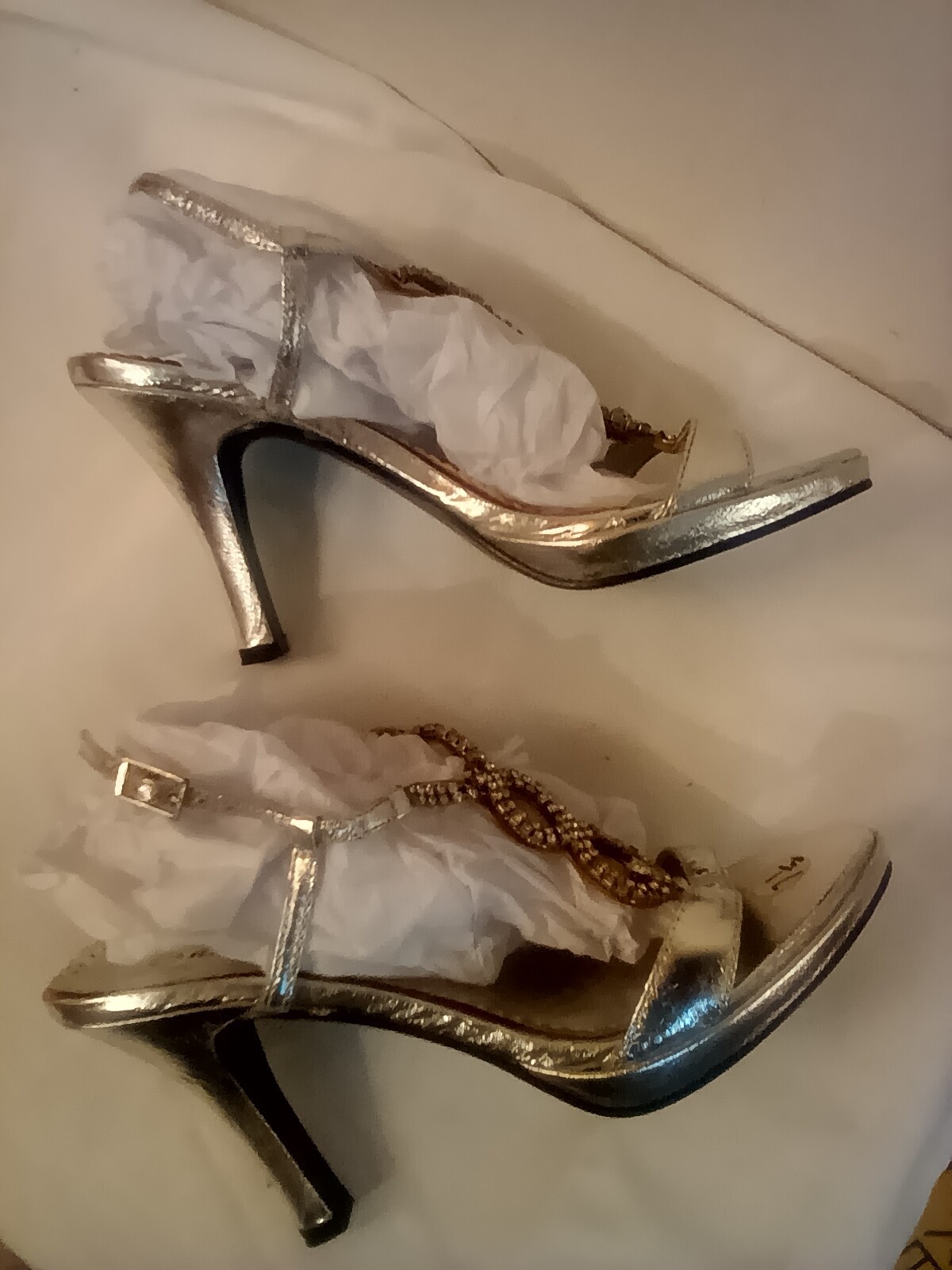 Rasolli silver t-strap slingback heels 7.5M 3″ heel rhinestones buckle man made