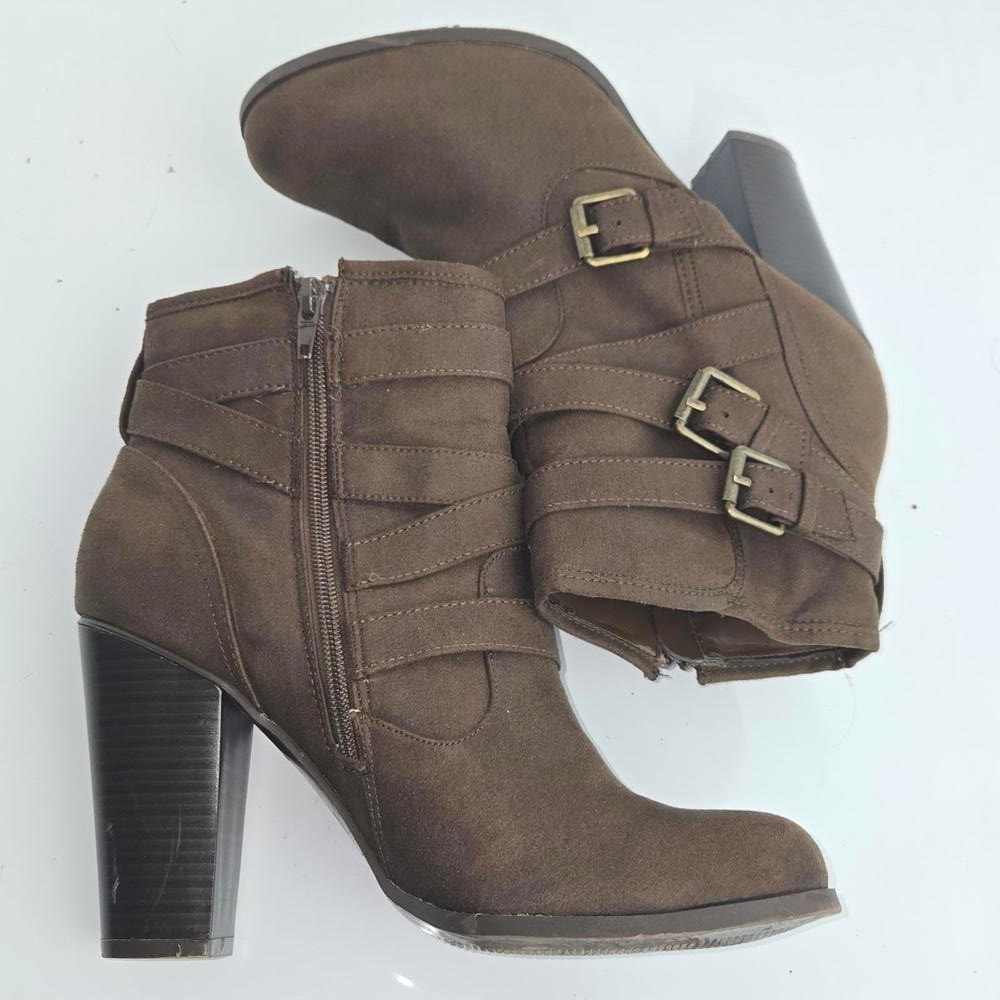 PRICE DROP JustFab Binnae High Heeled Bootie Brown Suede Multi-Straps Sz 10