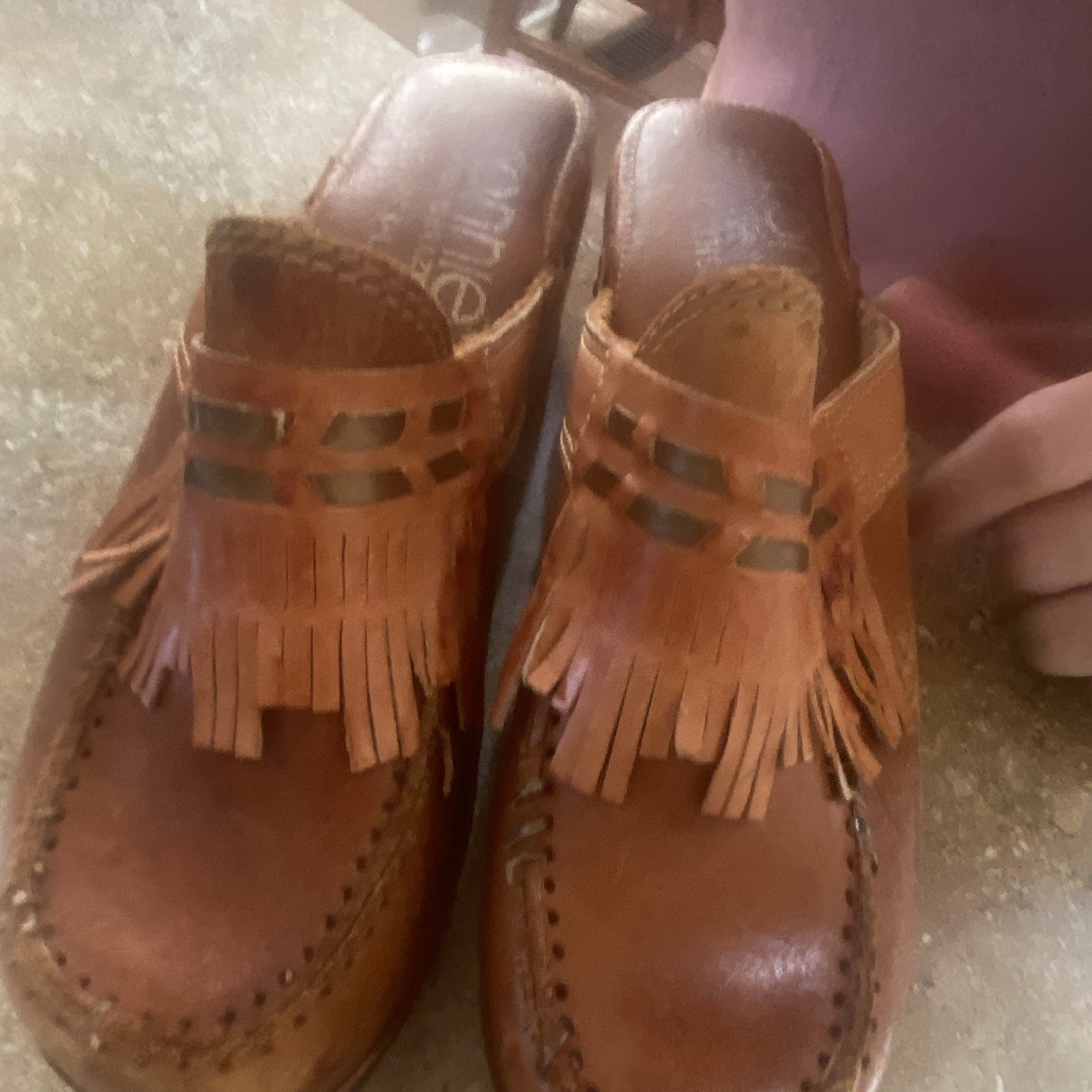 Onnie of Brazil Women’s Brown Leather Fringe Slip-On Clog Mule 7M Comfort