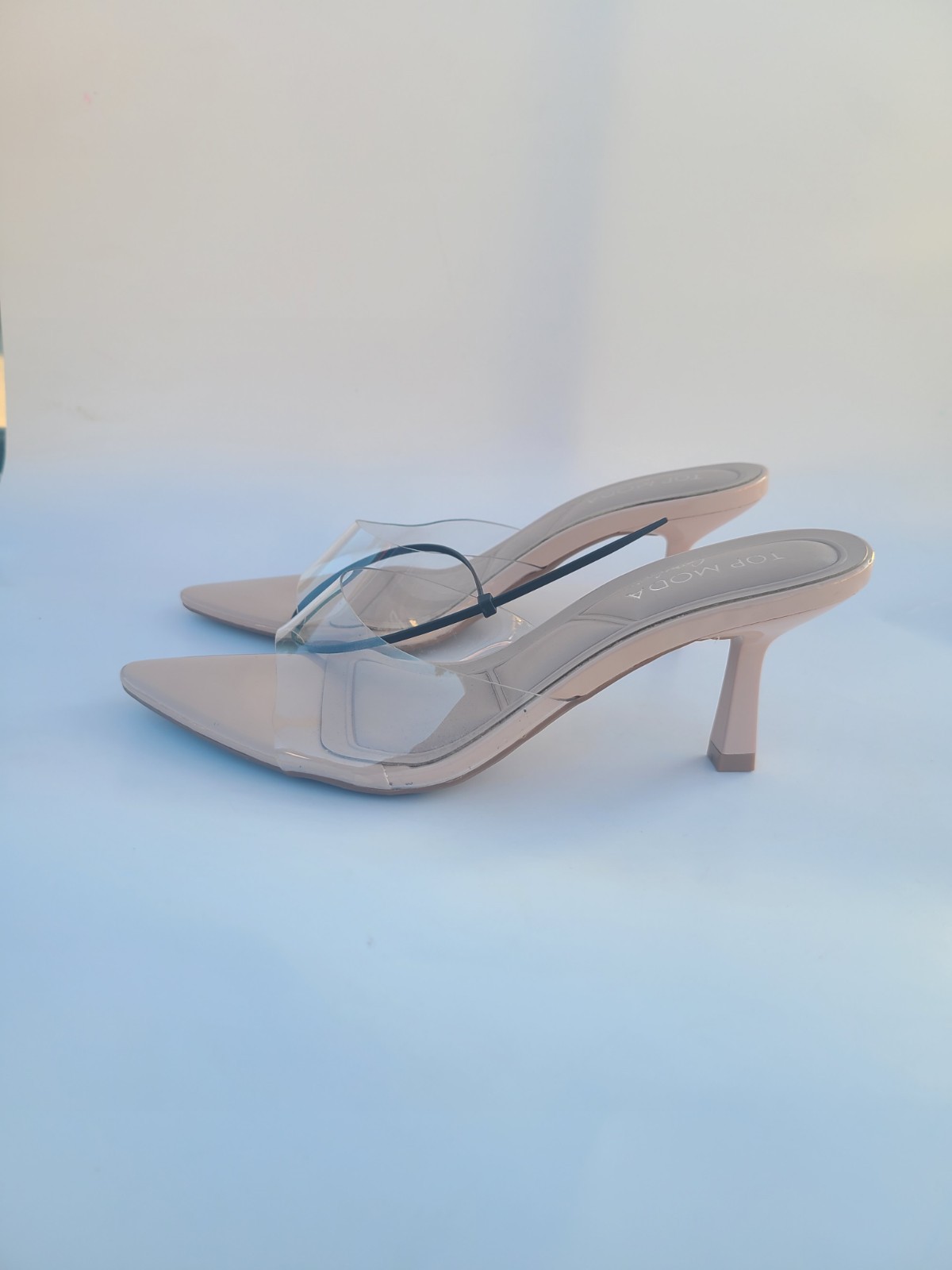TOP MODA Beige Clear Strap Pointed Toe Stiletto Mule Heels Women’s Size 5