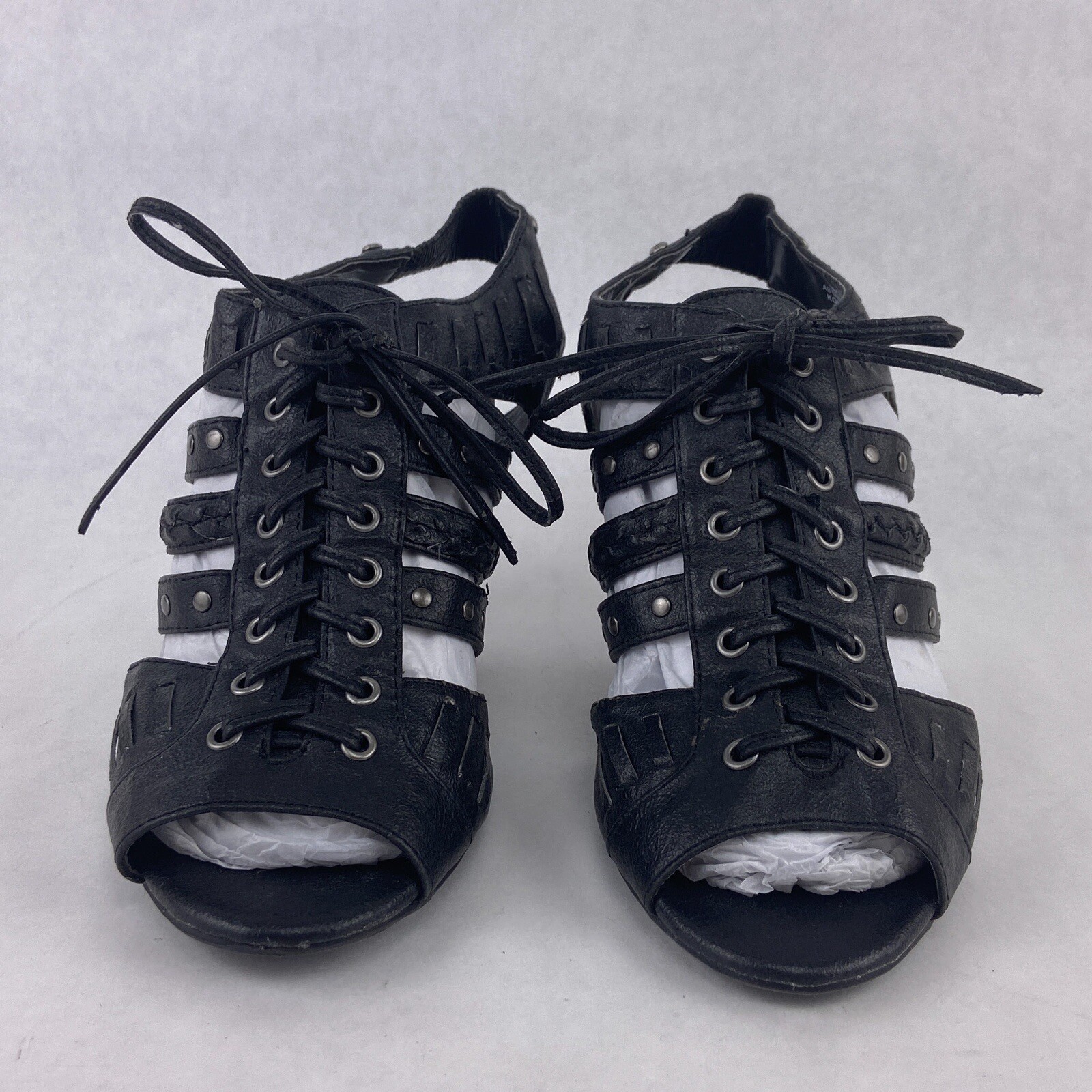 Simply Vera Wang Heels Women 8 M Black Hades Lace Up Studded Sling Back Shoes 3″